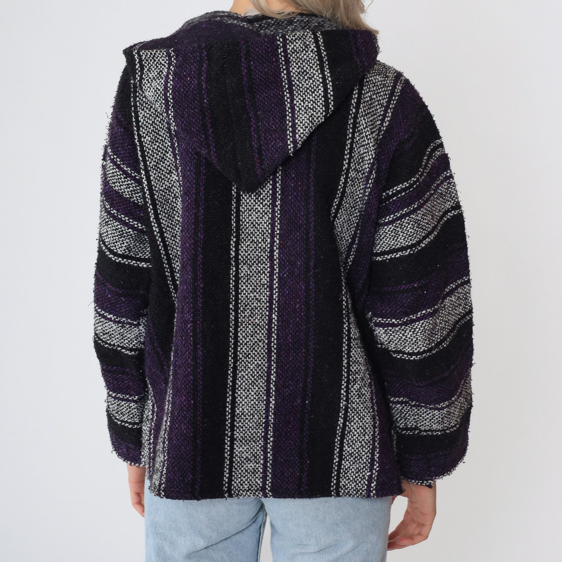 90s Mexican Baja Hoodie Black White Purple Striped Kangaroo Pocket Small