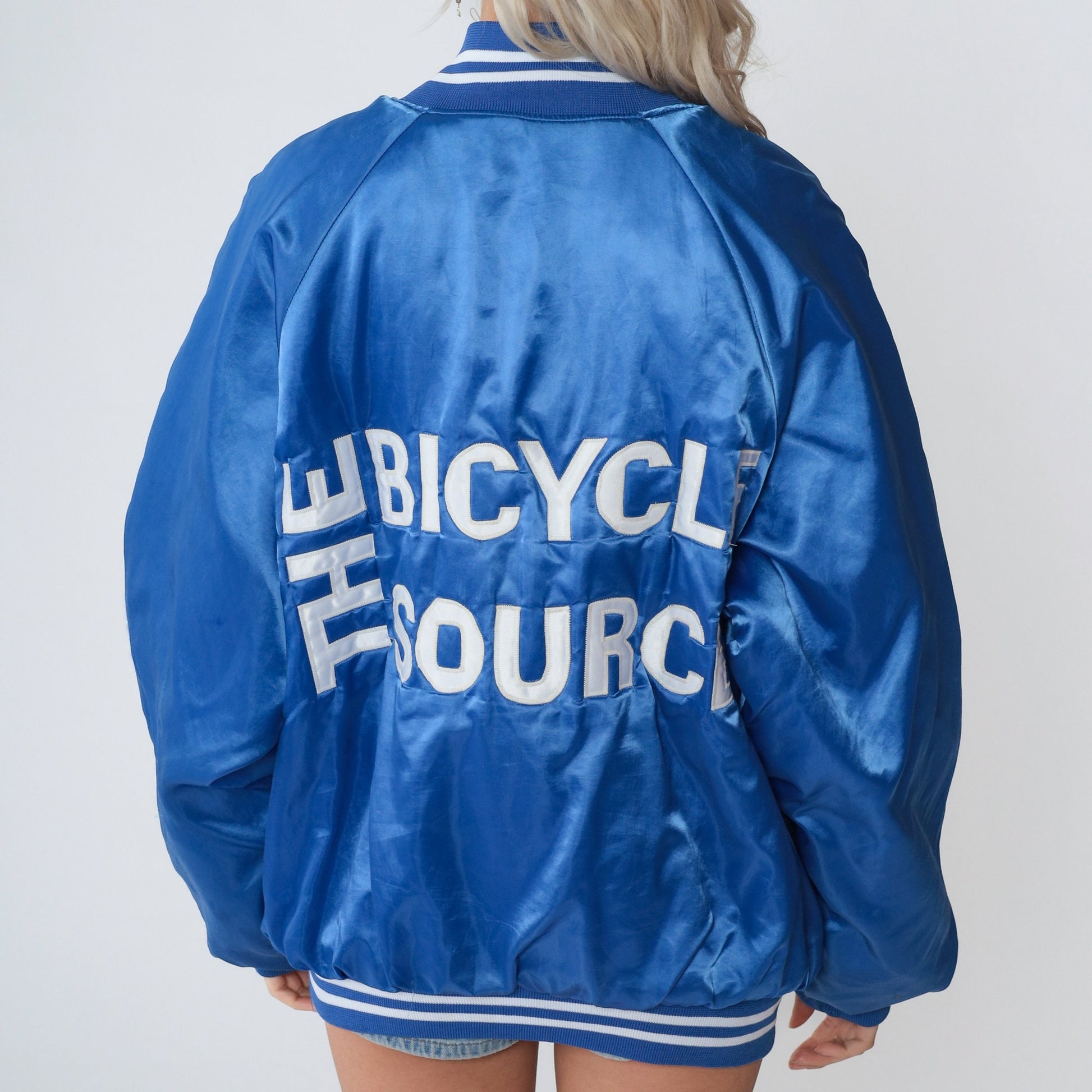 90s The Bicycle Source Blue Satin Bomber Jacket Joe Stern BMX Extra Large XL