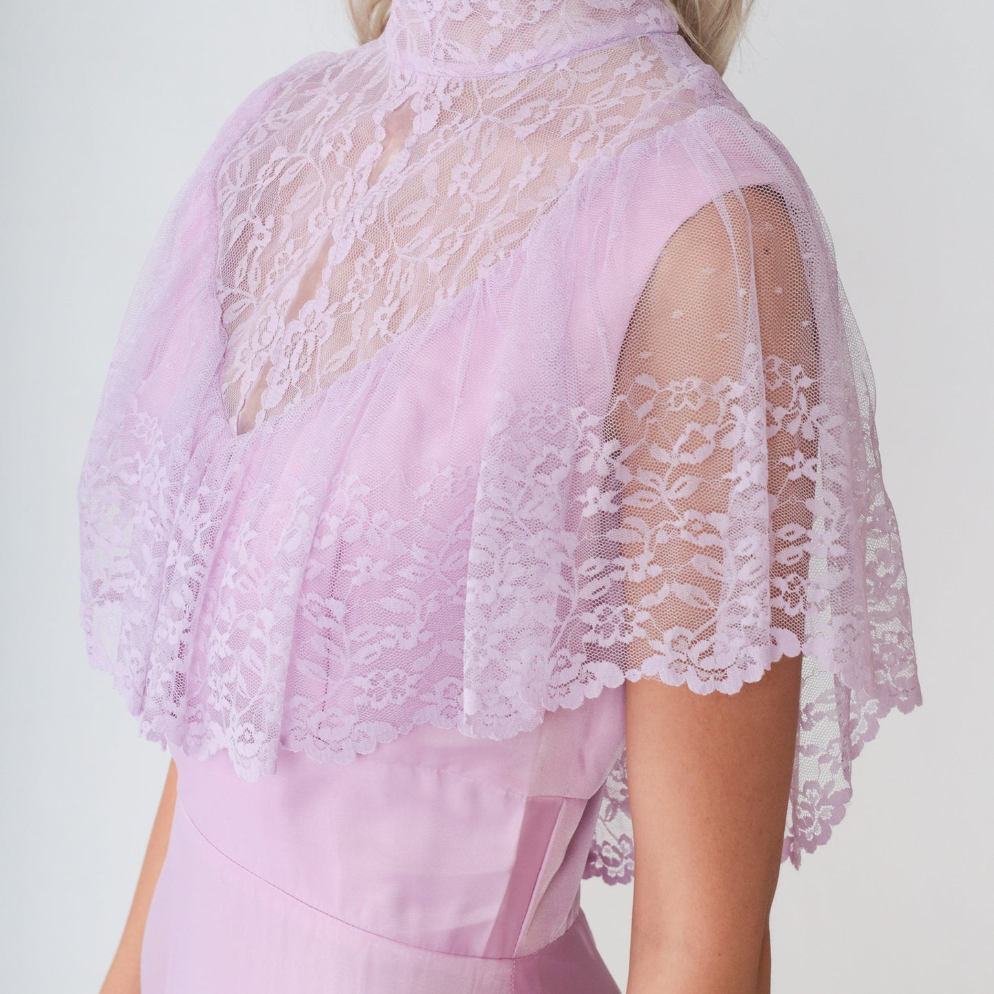 70s Purple Lace Bib Maxi Gown High Neck Tiered Skirt Small
