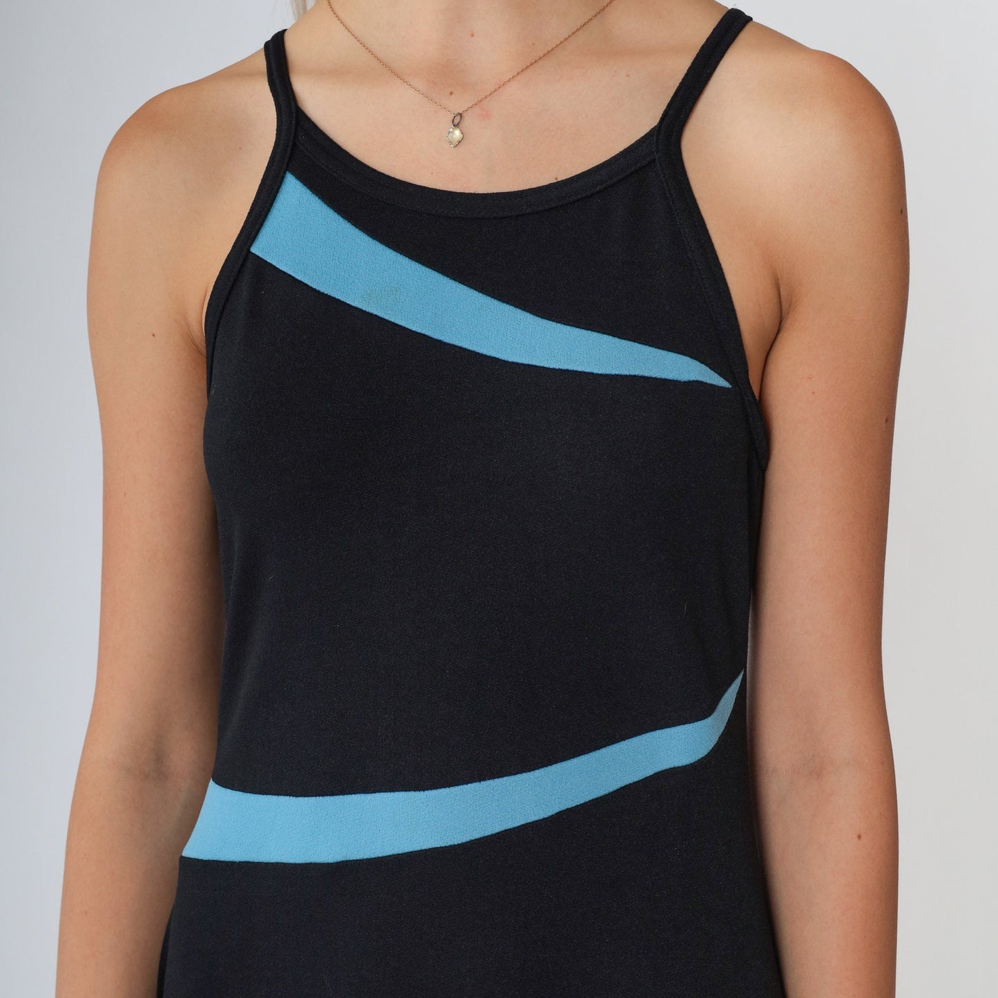 90s Black Maxi Dress Blue Asymmetrical Stripes High Neck Sleeveless Small