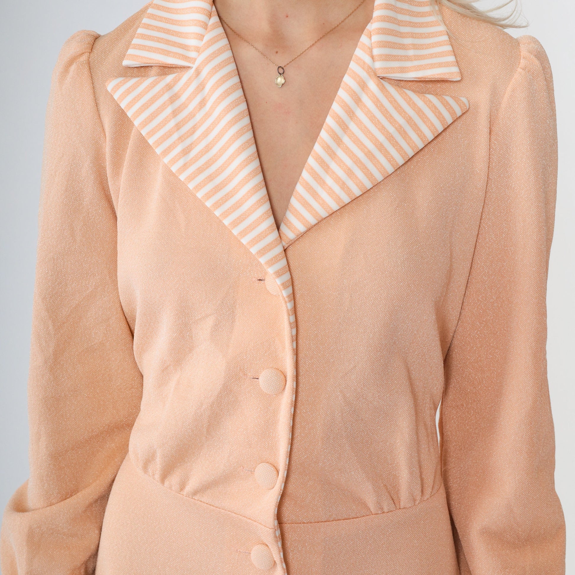 70s Peach Mini Shirtdress Puff Sleeve Striped Collar Button-Up Small