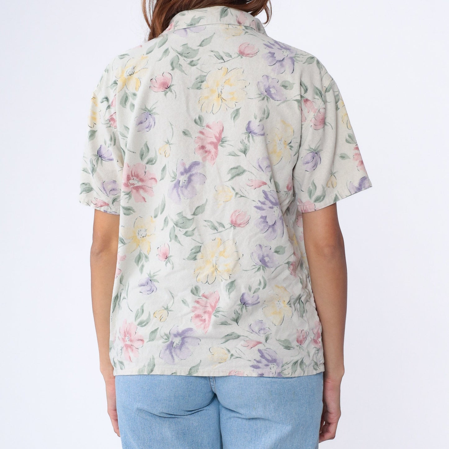 90s Selene Sport Silk Floral Button-Up Blouse Beige Short Sleeve Medium