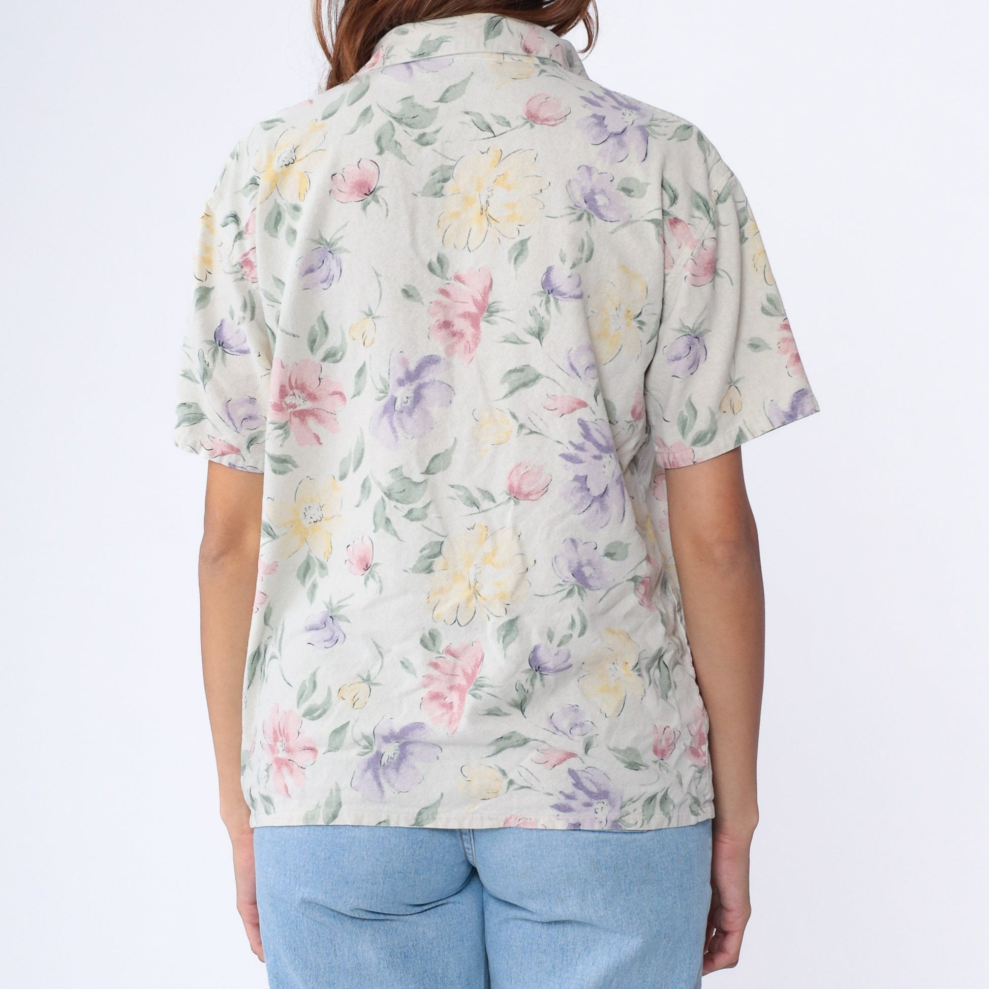 90s Selene Sport Silk Floral Button-Up Blouse Beige Short Sleeve Medium