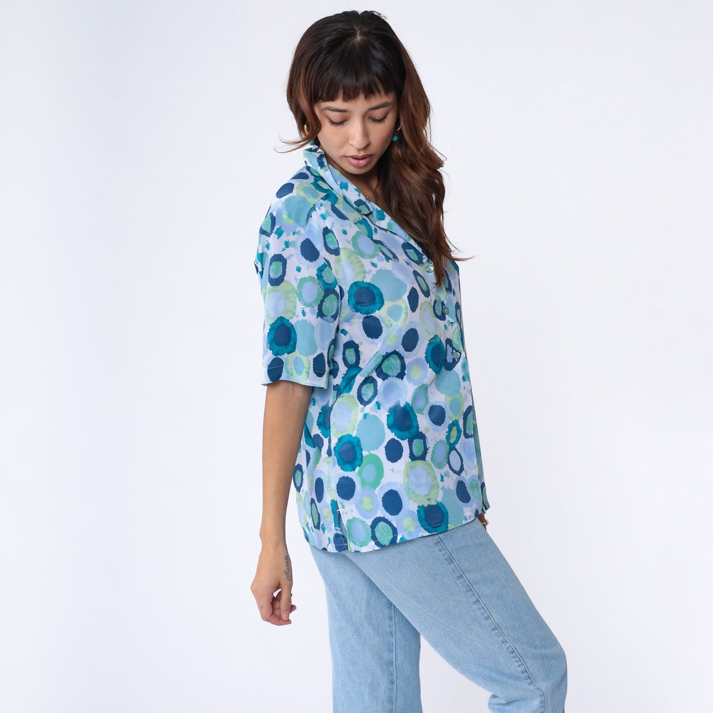 90s Donnkenny Geometric Watercolor Print Button-Up Blouse Blue Extra Large