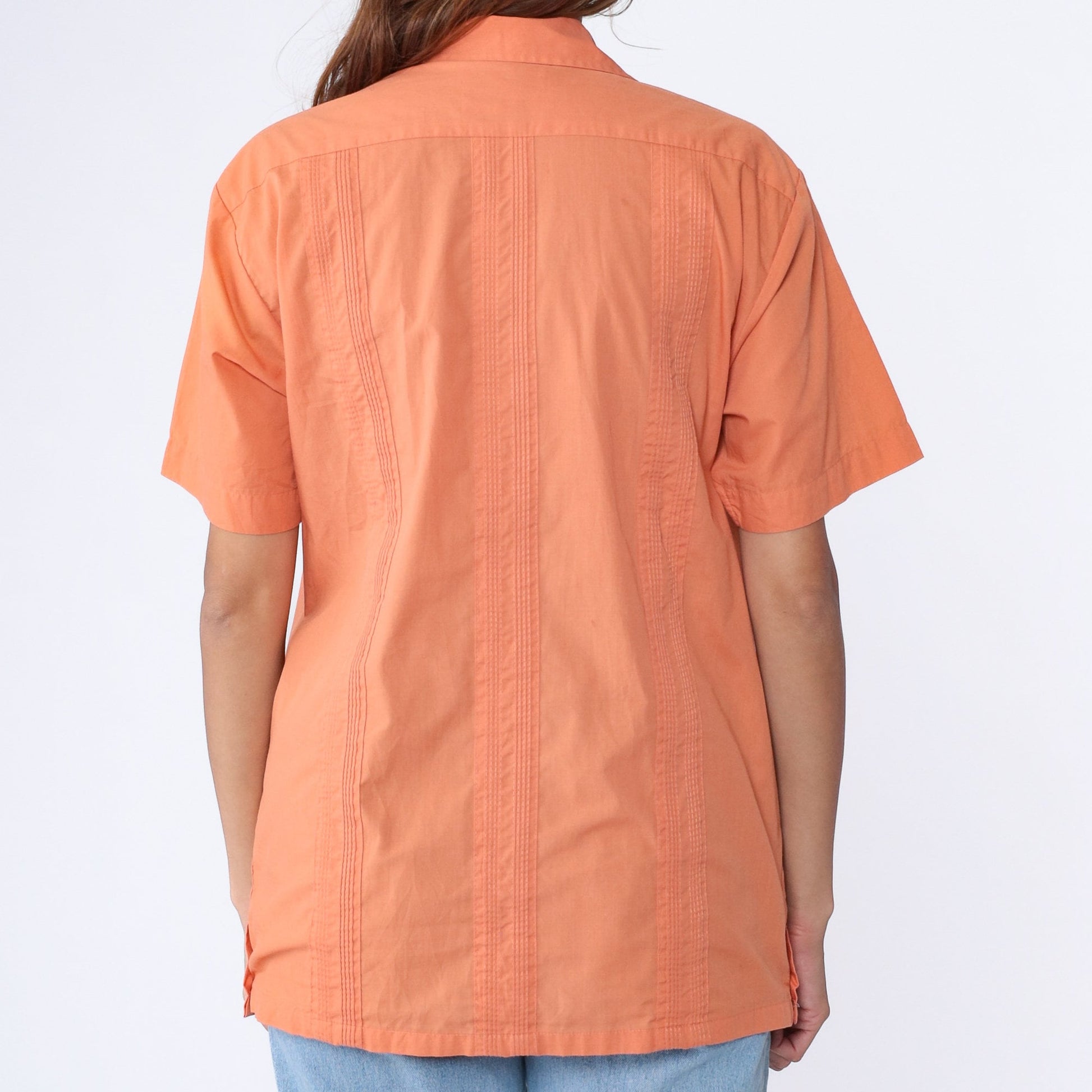 90s Orange Embroidered Cuban Zip Shirt Cotton Blend Chest Pockets Medium Large