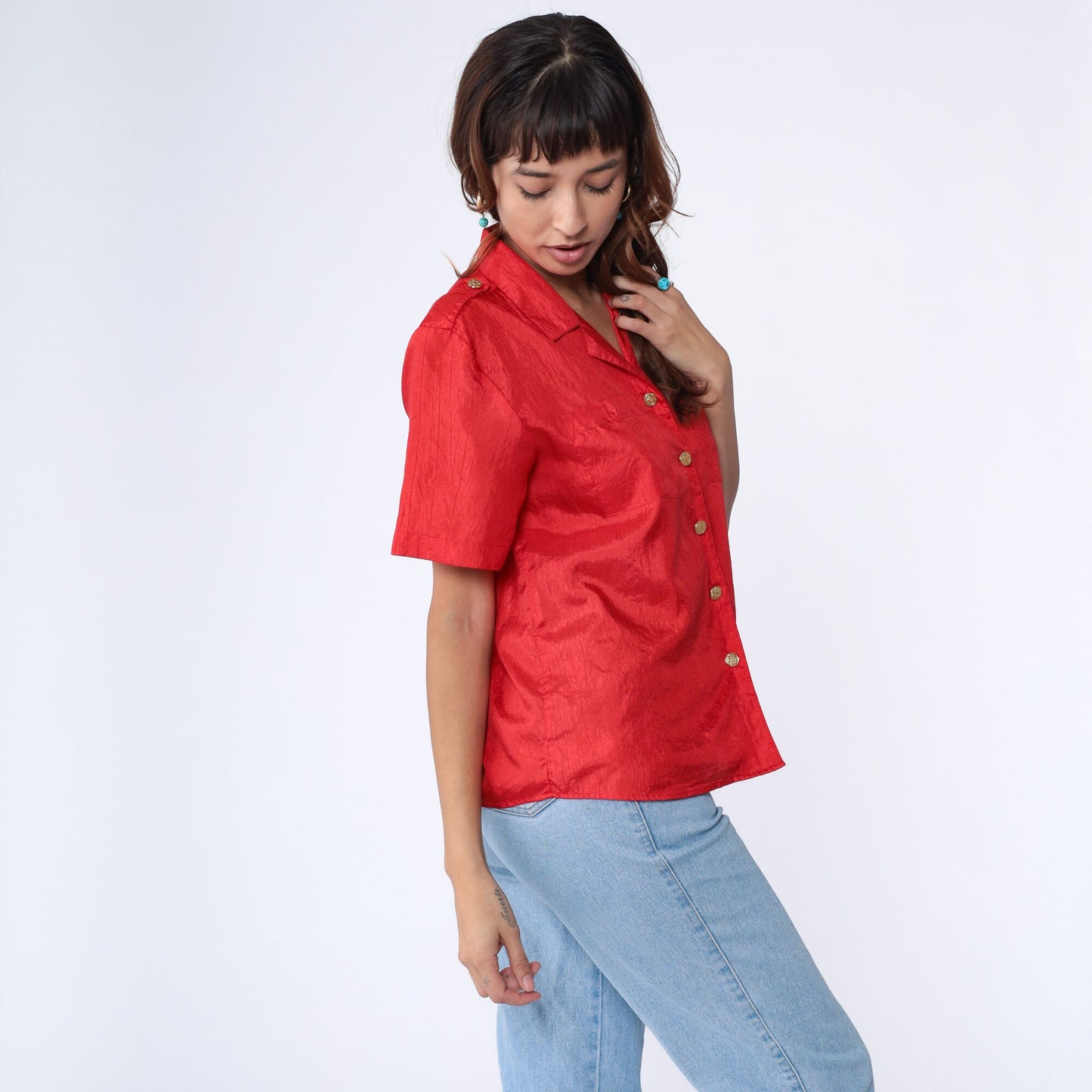 90s Red Shiny Button Up Blouse Gold Buttons Shoulder Epaulettes Medium Large