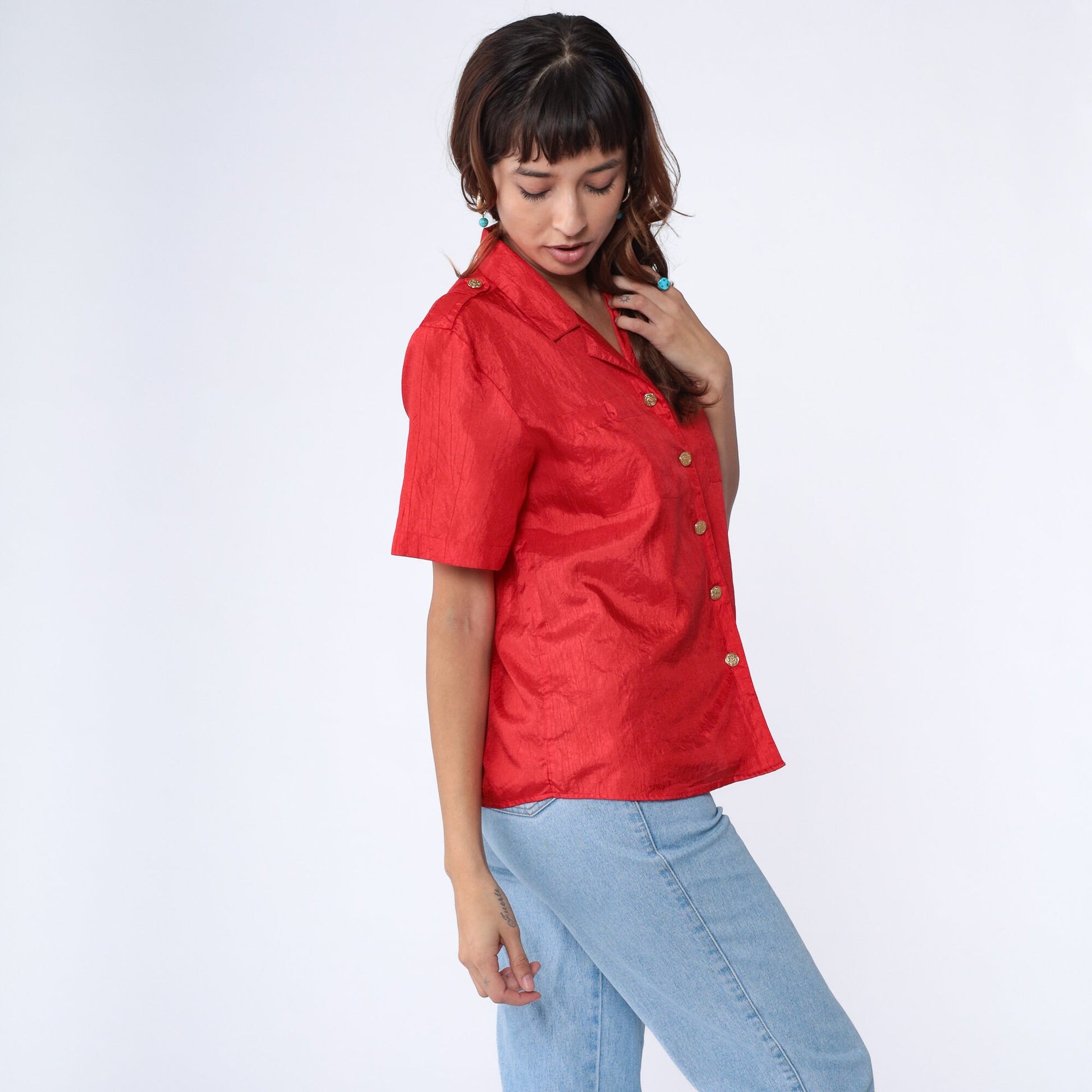 90s Red Shiny Button Up Blouse Gold Buttons Shoulder Epaulettes Medium Large