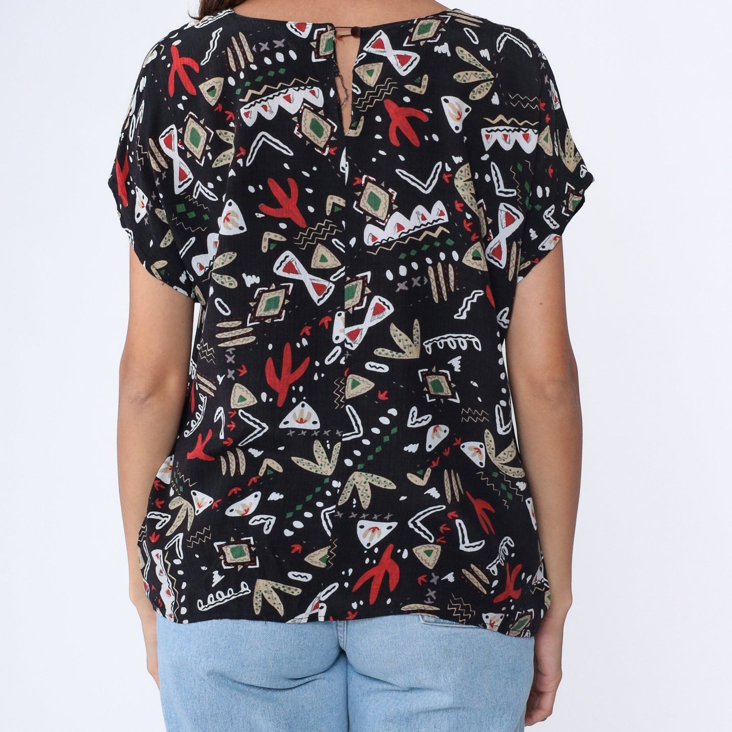 90s Black Saguaro Cactus All Over Print Shirt Southwest Geometric Large