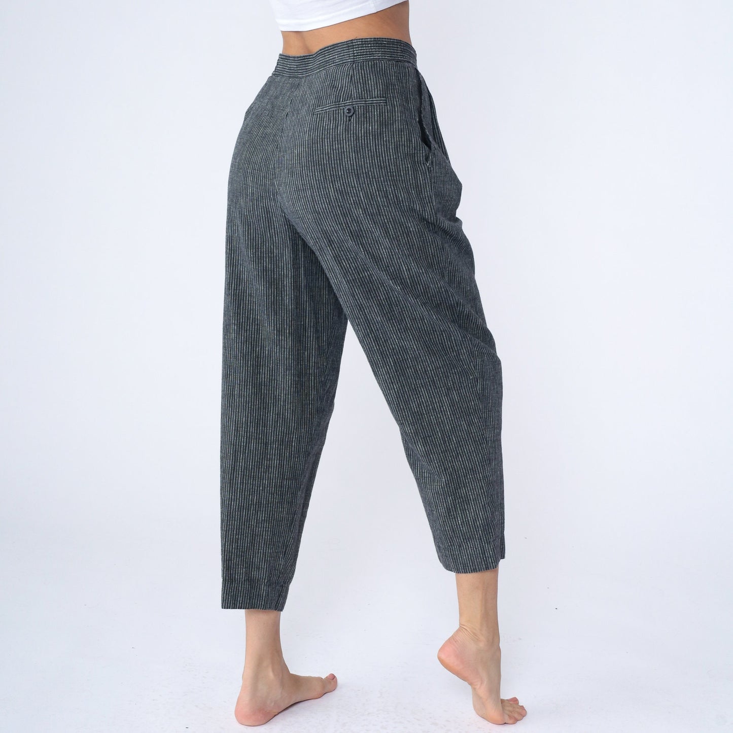 80s Grey Pinstripe High-Rise Trousers Pleated Straight Leg Medium
