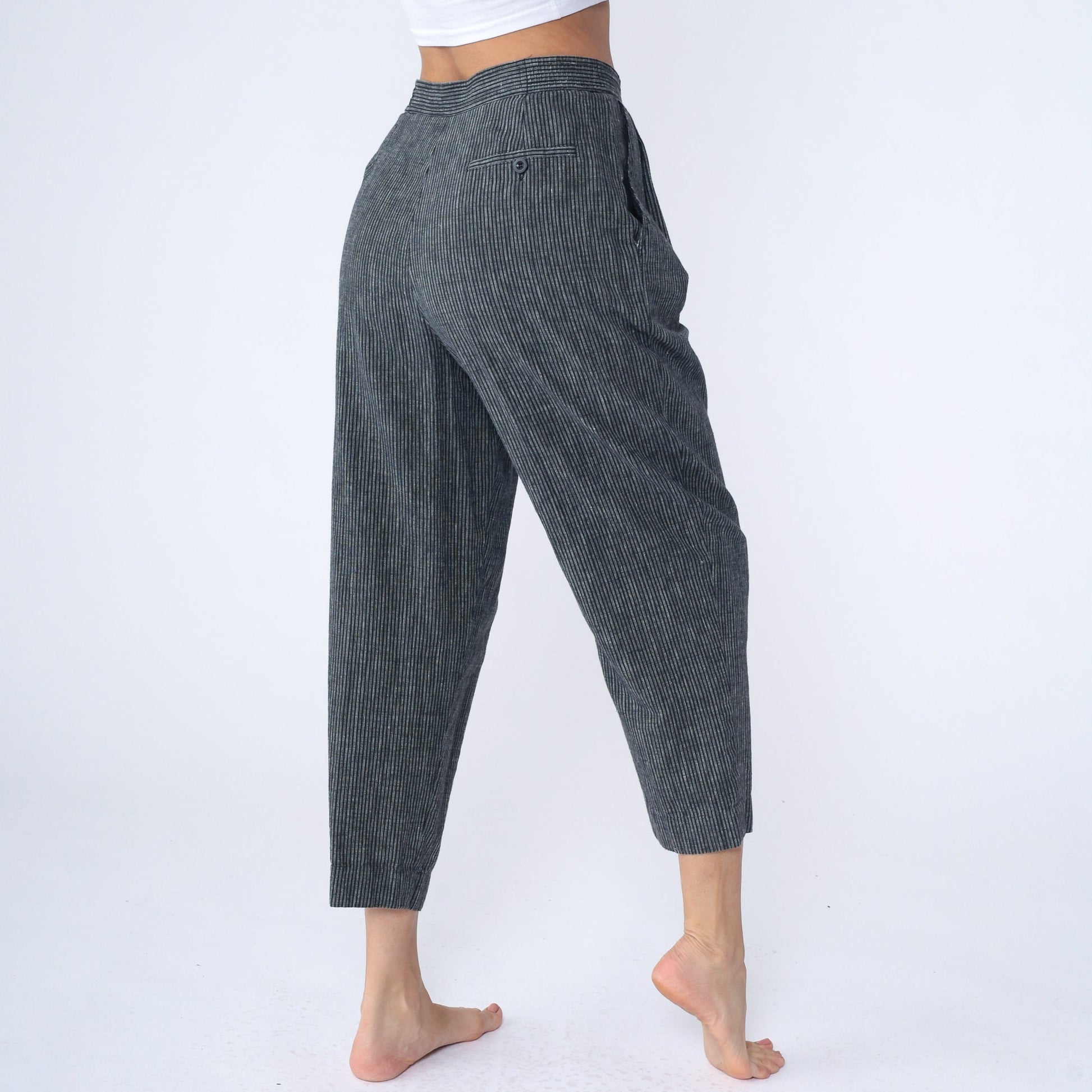 80s Grey Pinstripe High-Rise Trousers Pleated Straight Leg Medium