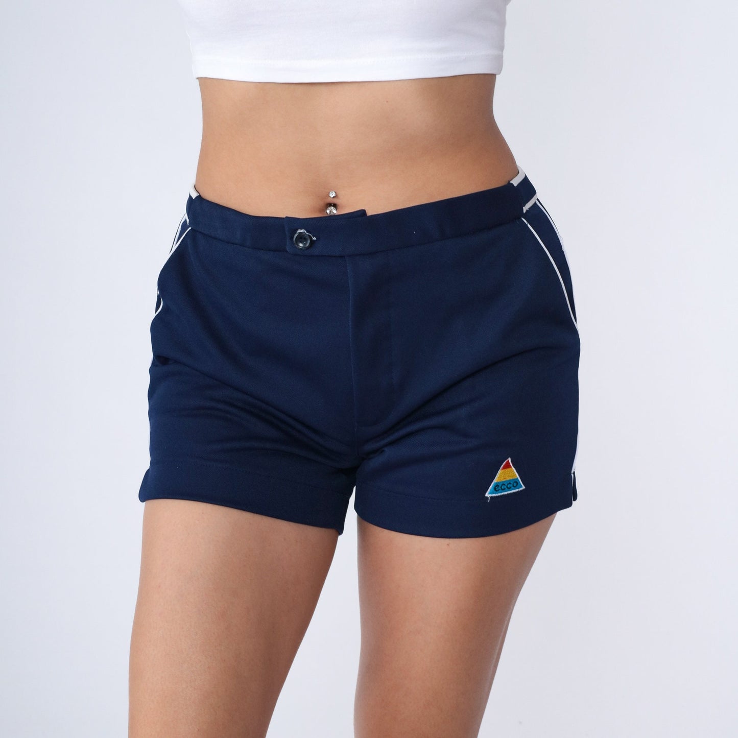 80s Ecco Navy Swim Trunks White Striped Bathing Suit Shorts Medium
