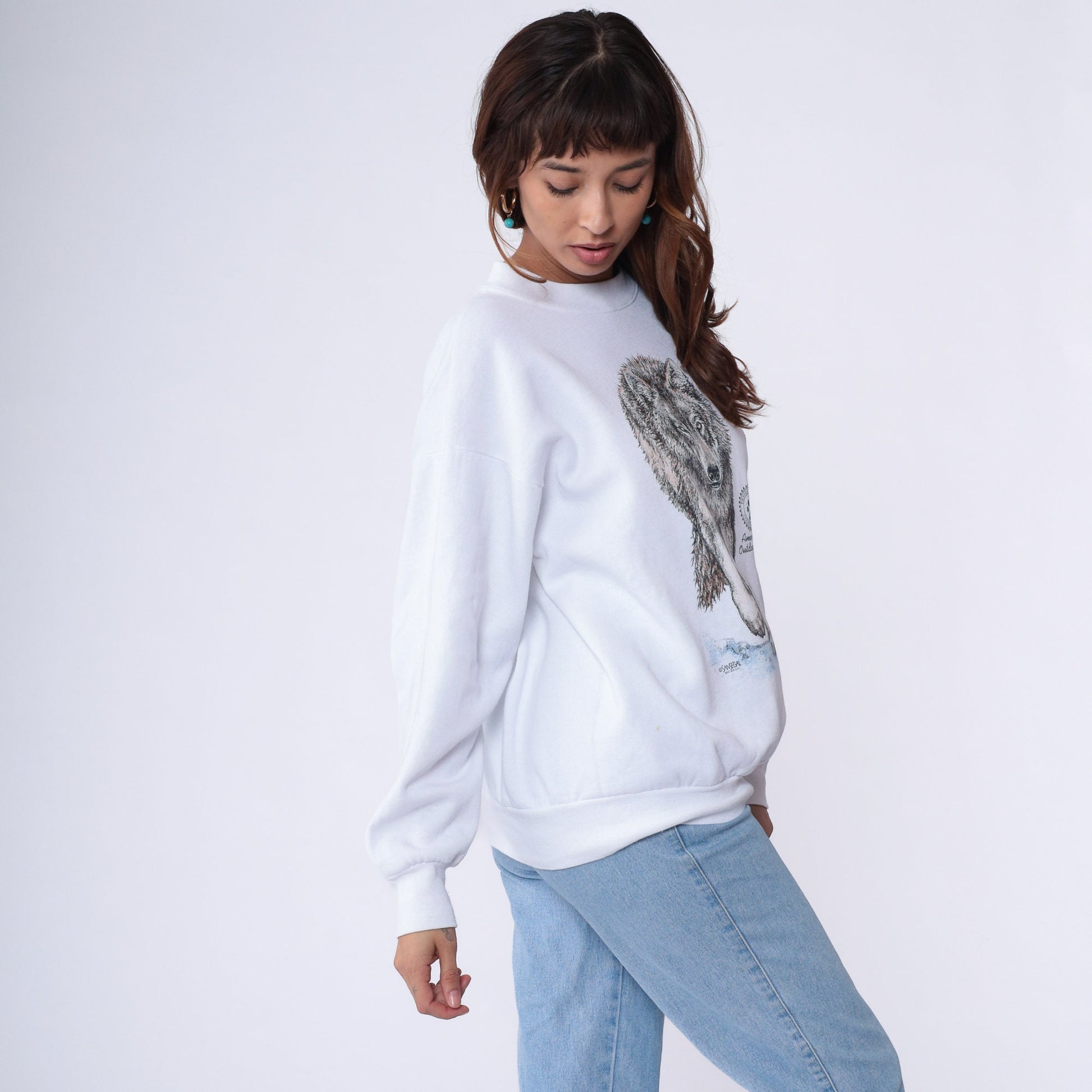 90s Wolf American Outdoorsman Graphic Sweatshirt White Crewneck Large