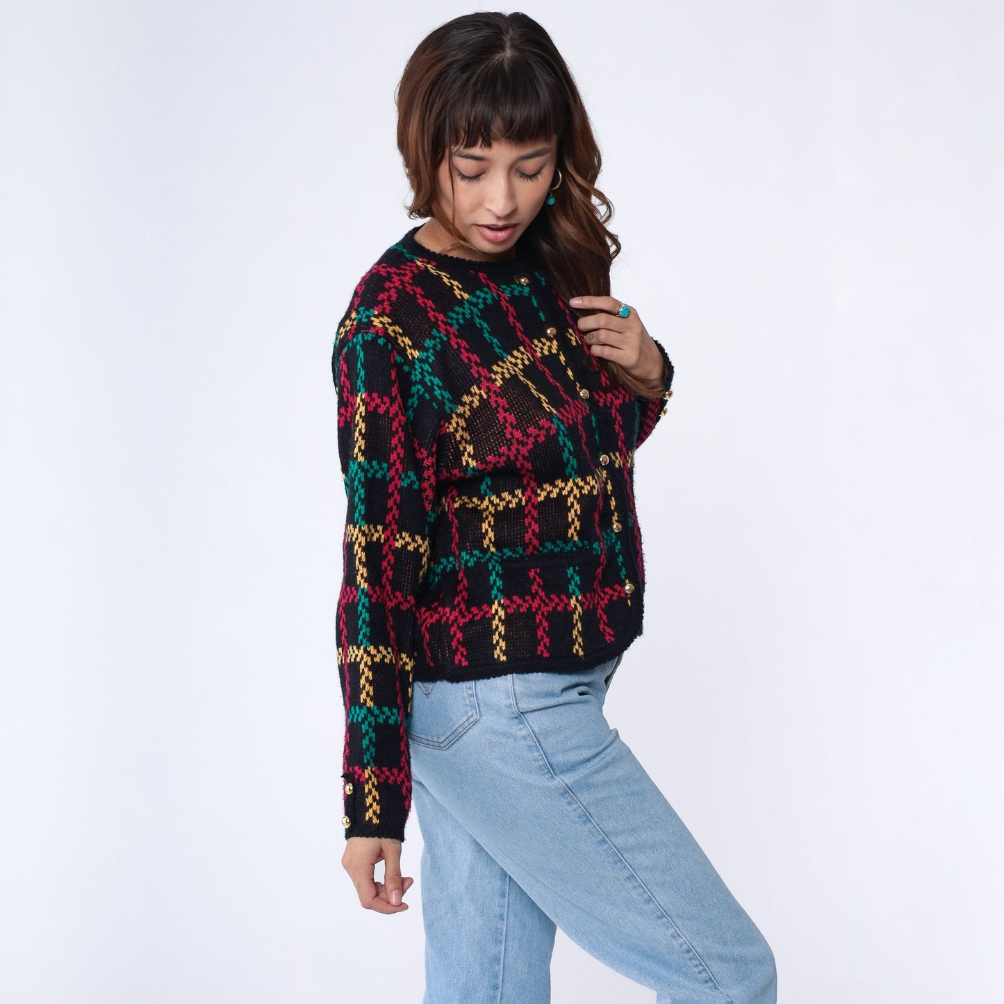 90s Checkered Cardigan Sweater Black Red Green Yellow Gold Button Small
