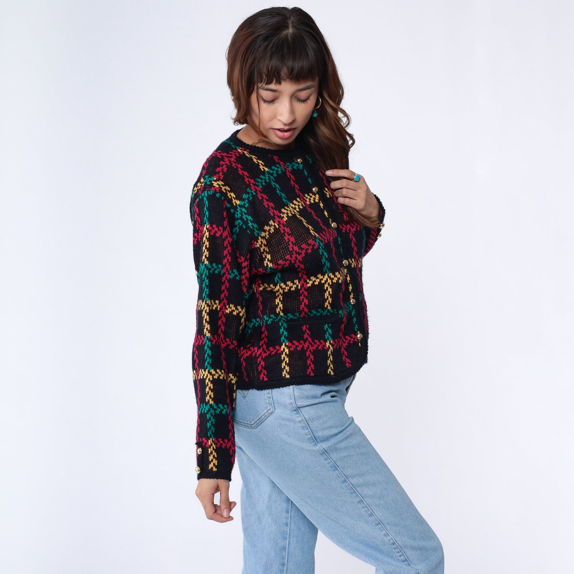 90s Checkered Cardigan Sweater Black Red Green Yellow Gold Button Small