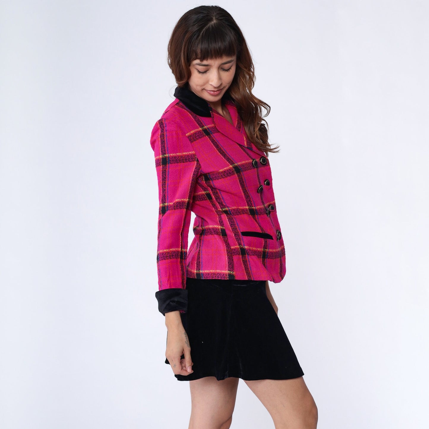 90s Hot Pink Checkered Blazer Tailored Button-Front Jacket Small