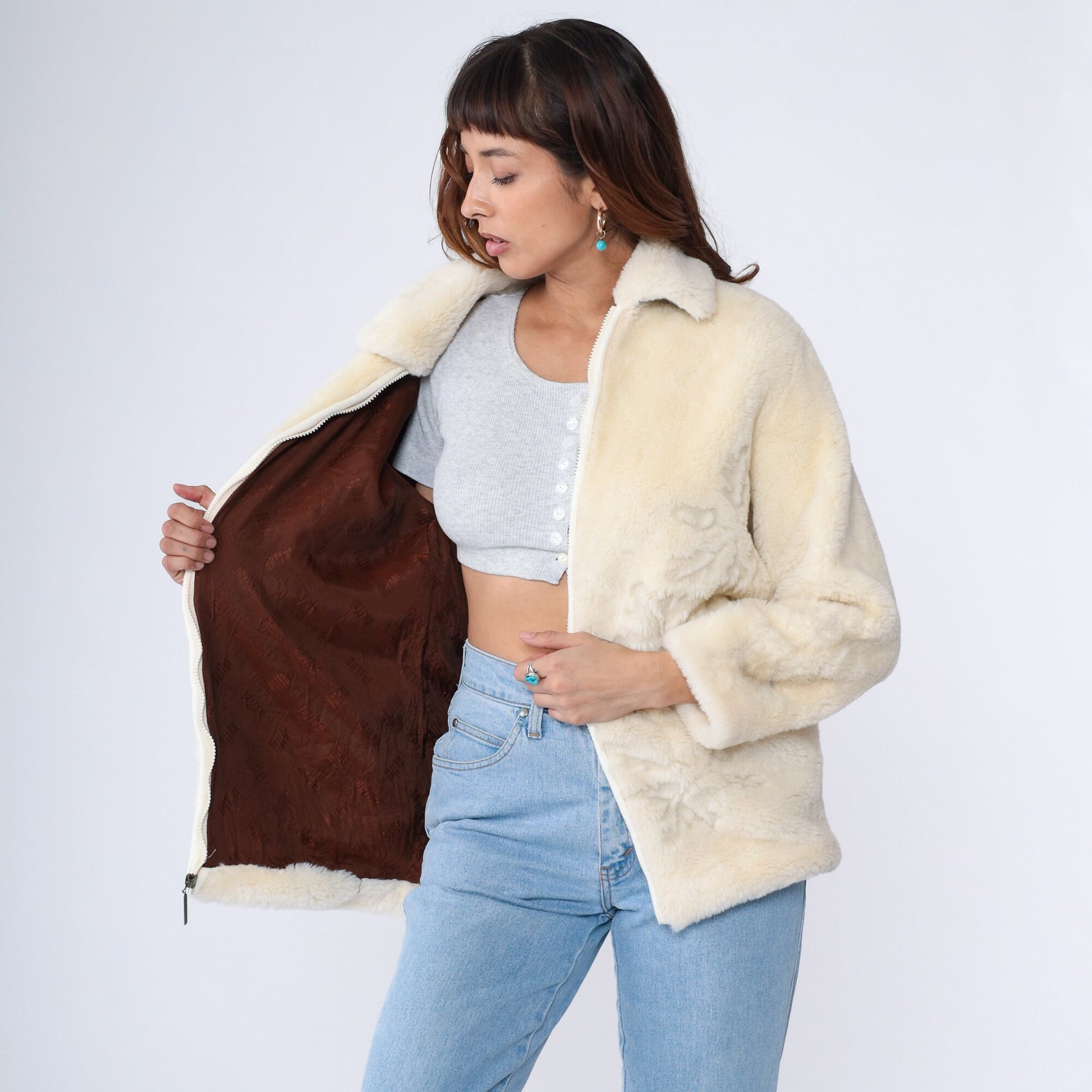00s Cream Faux Fur Jacket Leaf Print Zip-Up Medium