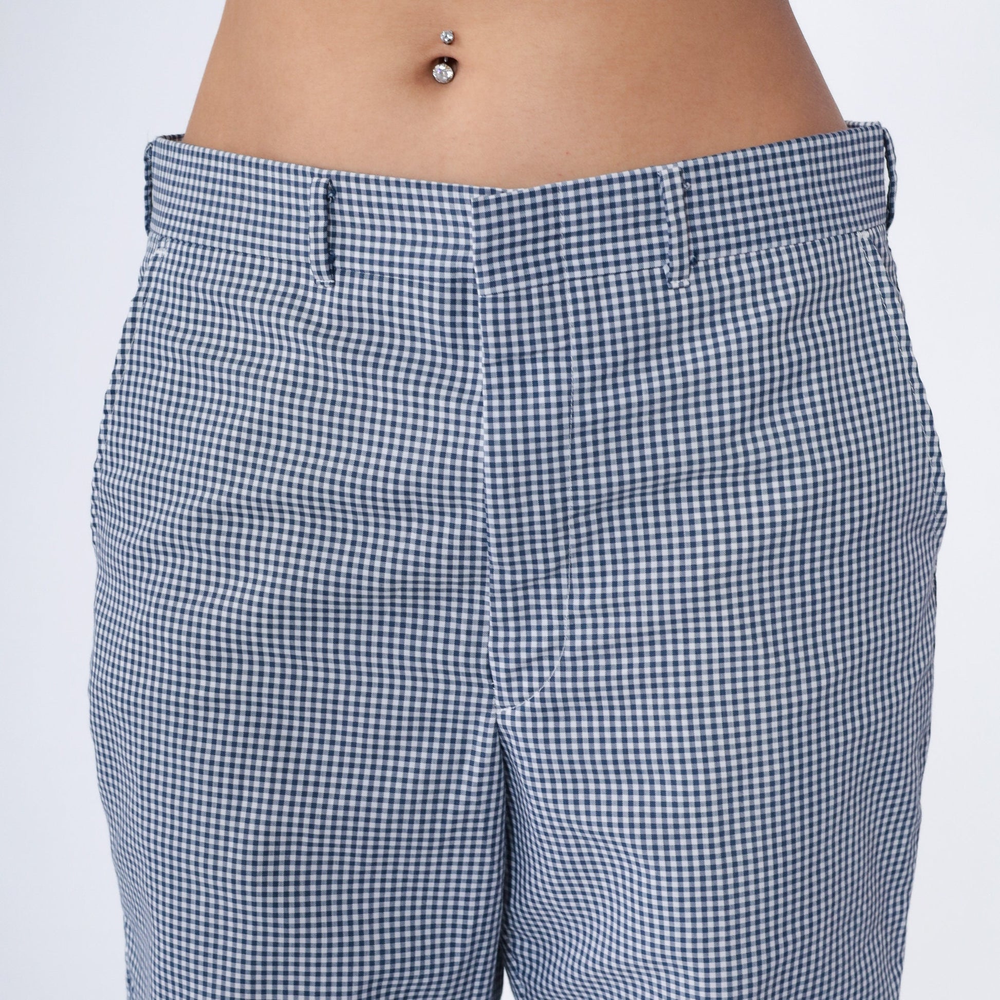 70s Dark Blue White Gingham Straight Leg Trousers High Waist Medium