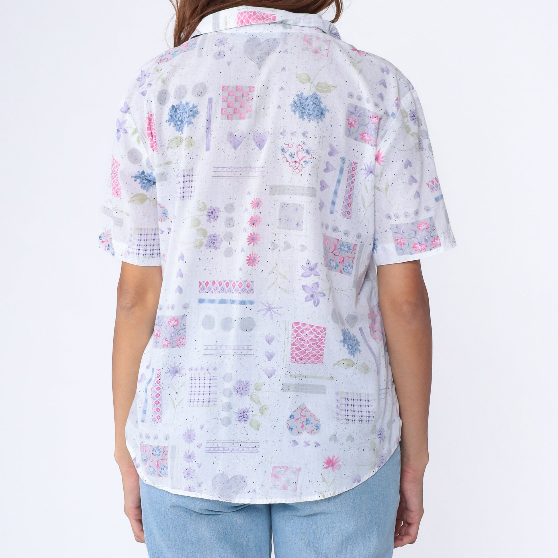 90s White Floral Heart Print Button-Up Blouse Short Sleeve Large L