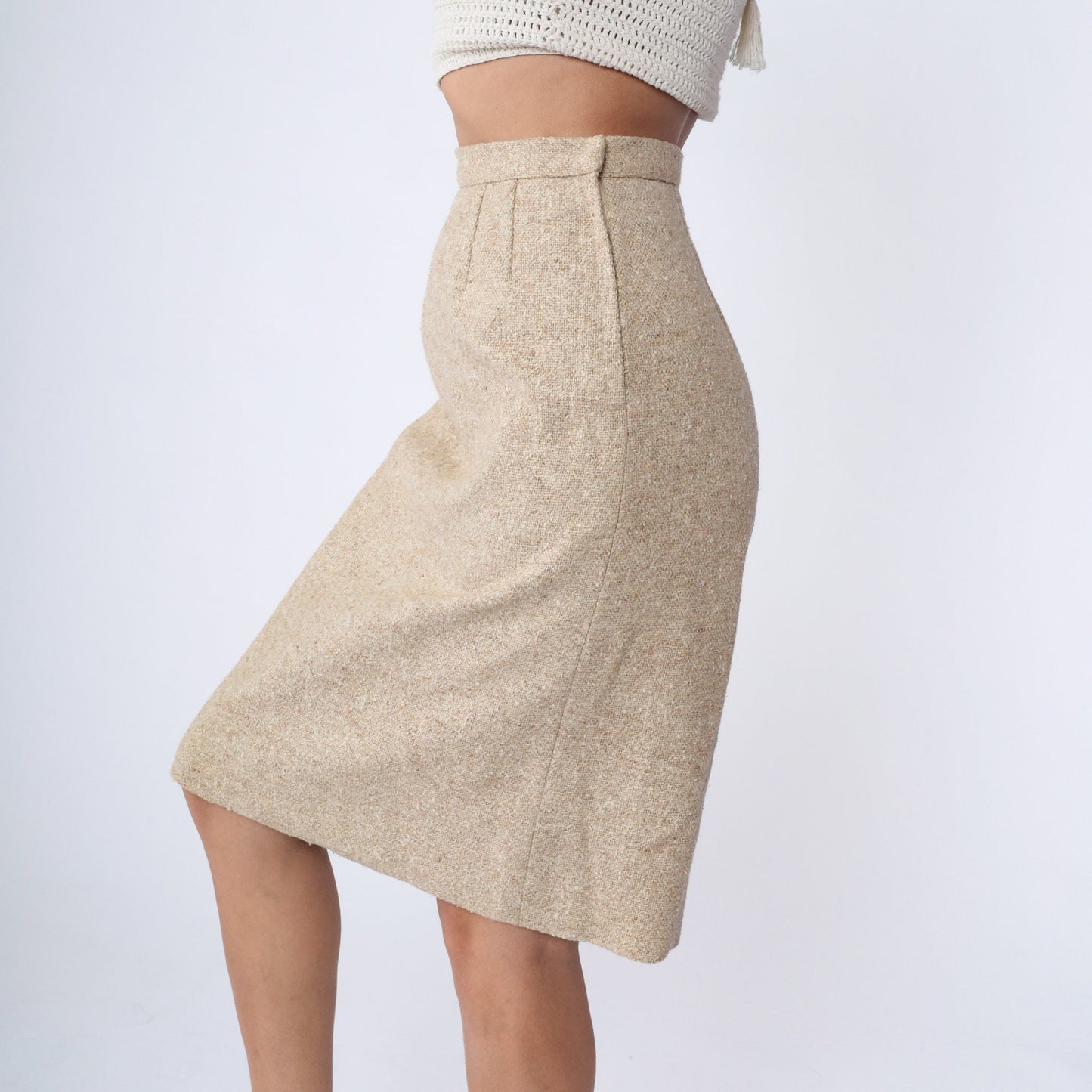 80s Beige Tweed Pencil Skirt Wool High Waist Midi Small