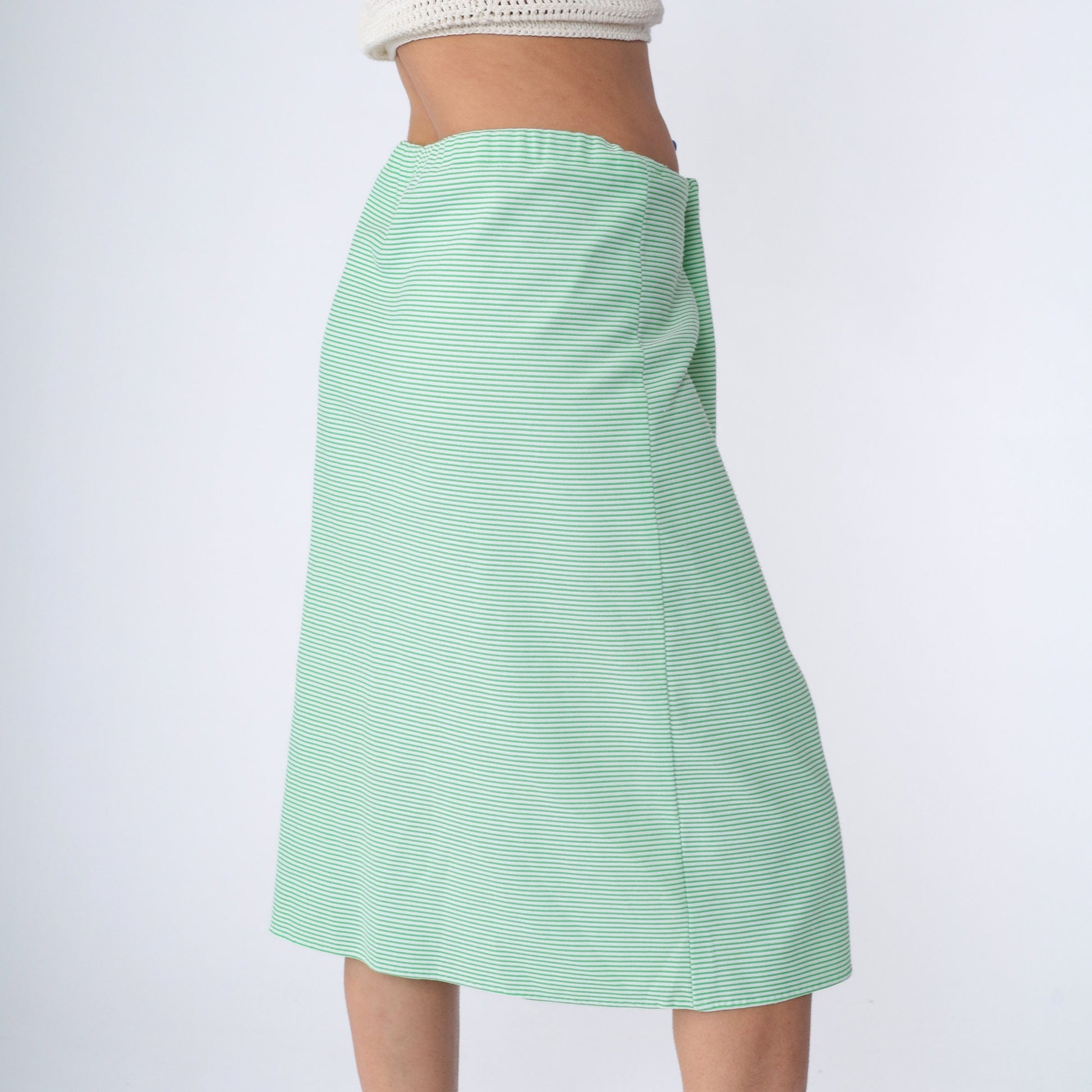 70s Striped Midi Skirt Green White High Waist Straight Polyester Large L
