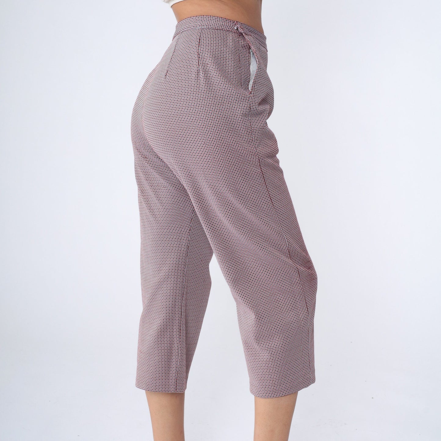 70s Houndstooth Capri Pants High Waist Red Brown White Checkered Medium