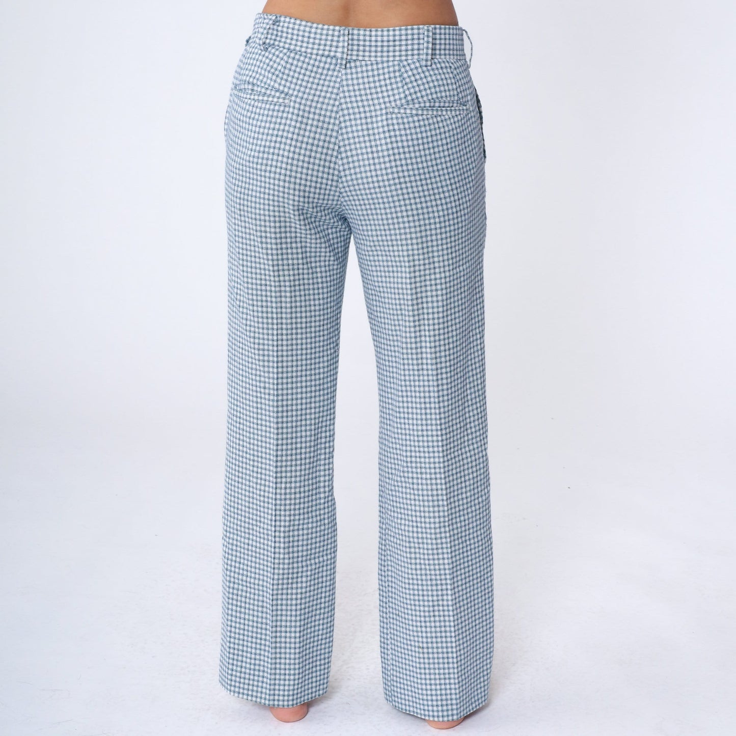 80s Checkered Straight Leg Trousers White Blue Navy Plaid Mid Rise Medium