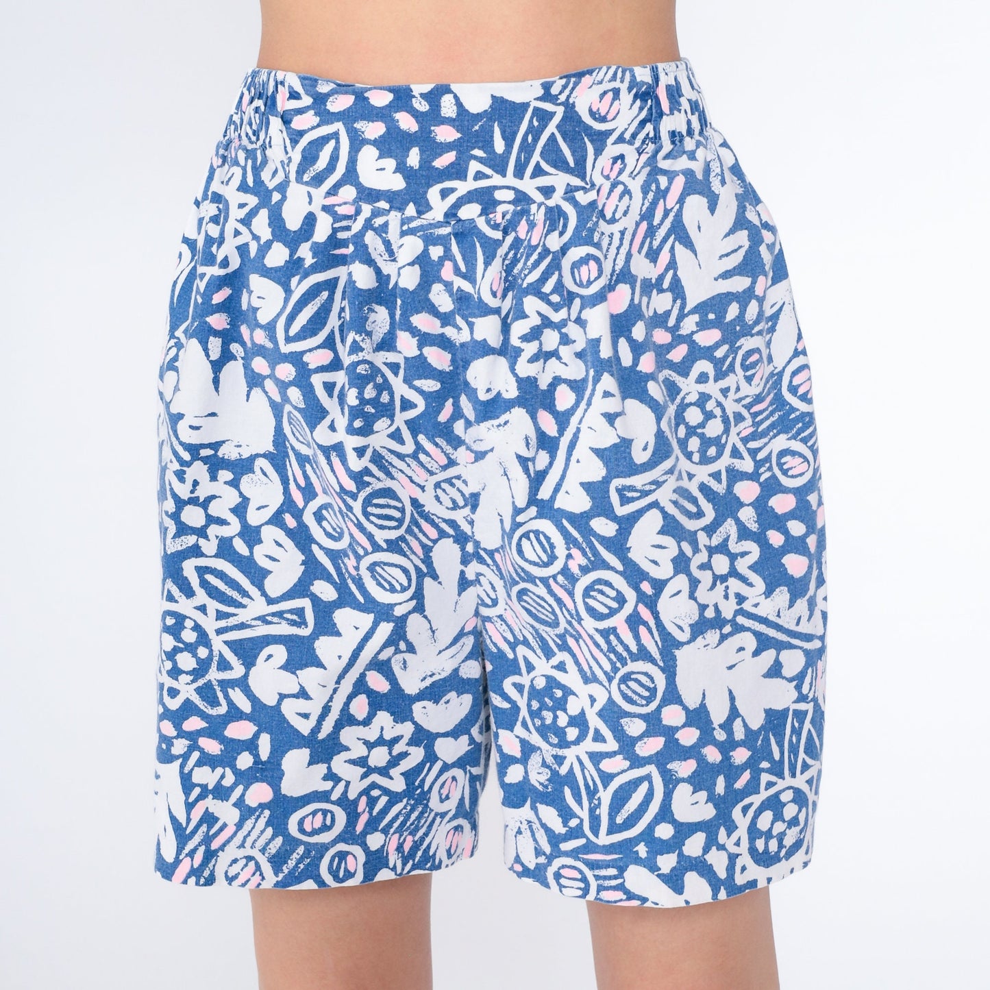 90s Abstract Leaf Floral Print High-Waist Pleated Shorts Cotton Blue White Large