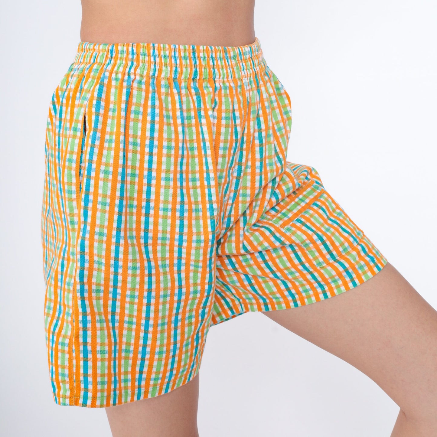 90s Plaid High-Waist Shorts Checkered Cotton Orange Green Blue Extra Small