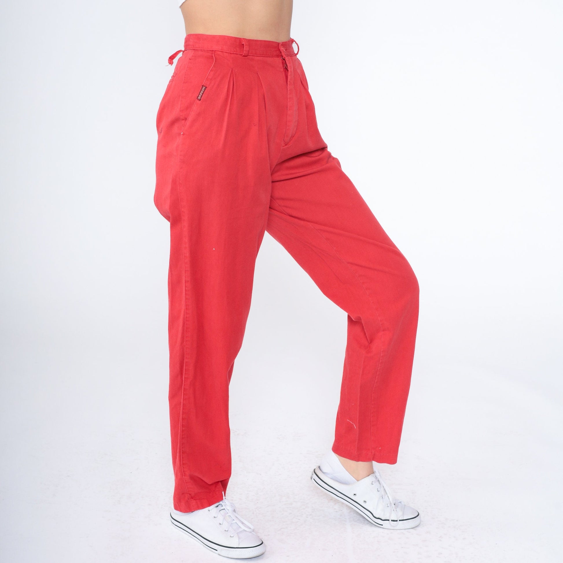 80s Sasson Red Cotton Pleated High-Waisted Tapered Trousers Extra Small