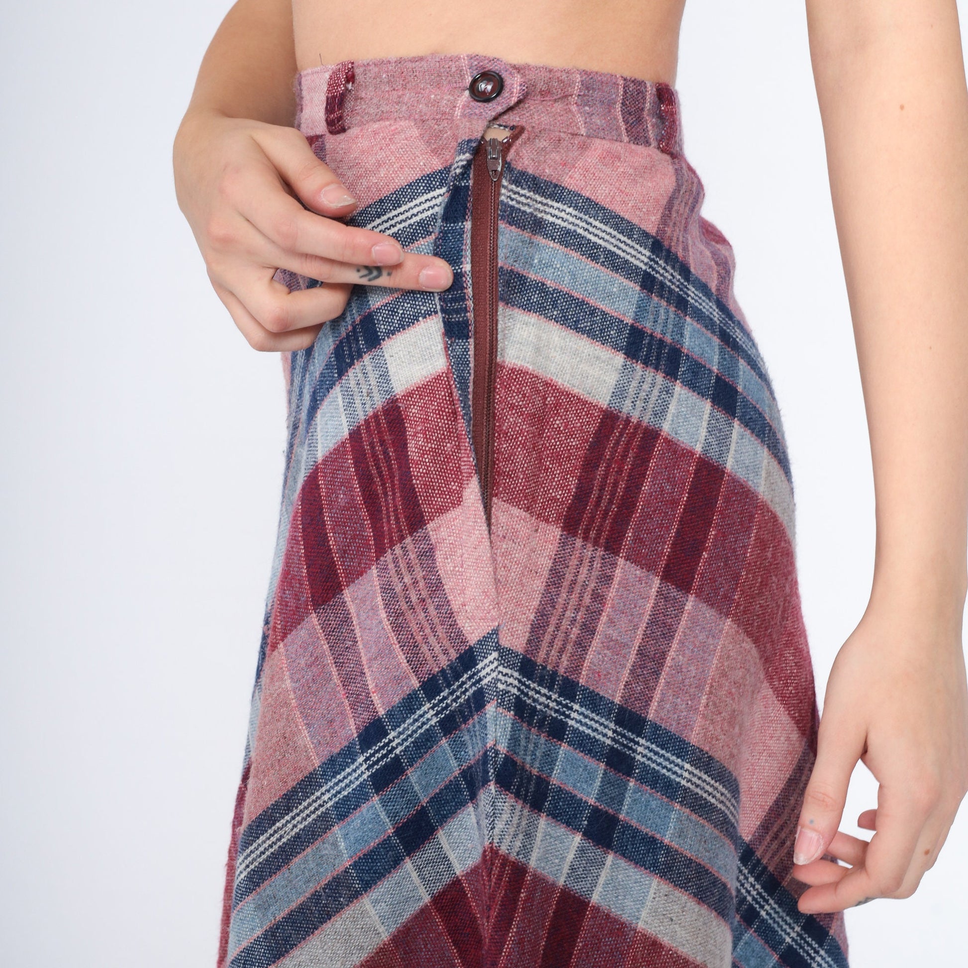 80s Plaid Midi Skirt High Waist A-Line Pink Red Blue Tartan Extra Small XS