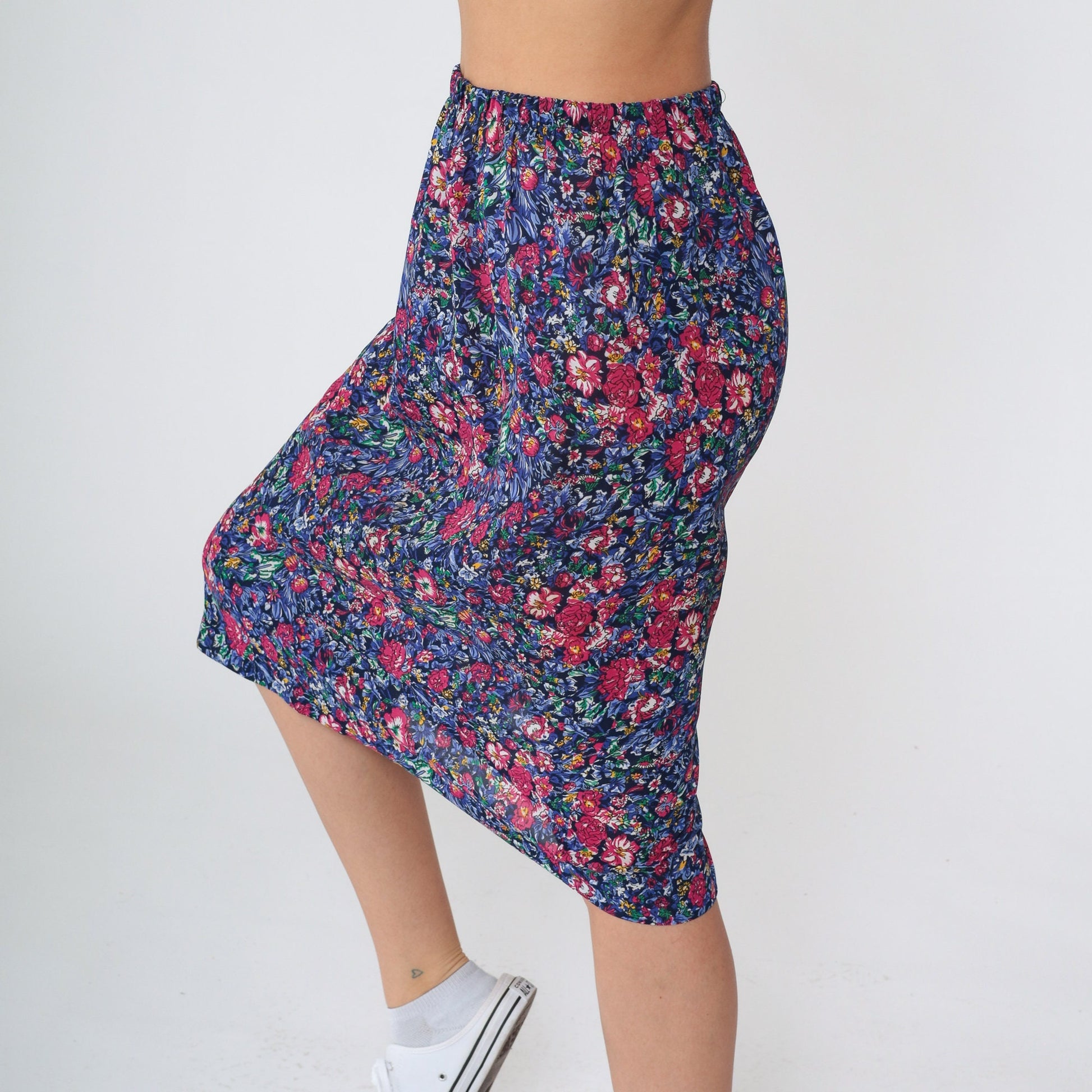 80s Floral Midi Pencil Skirt High Waisted Navy Pink Flower Print Small