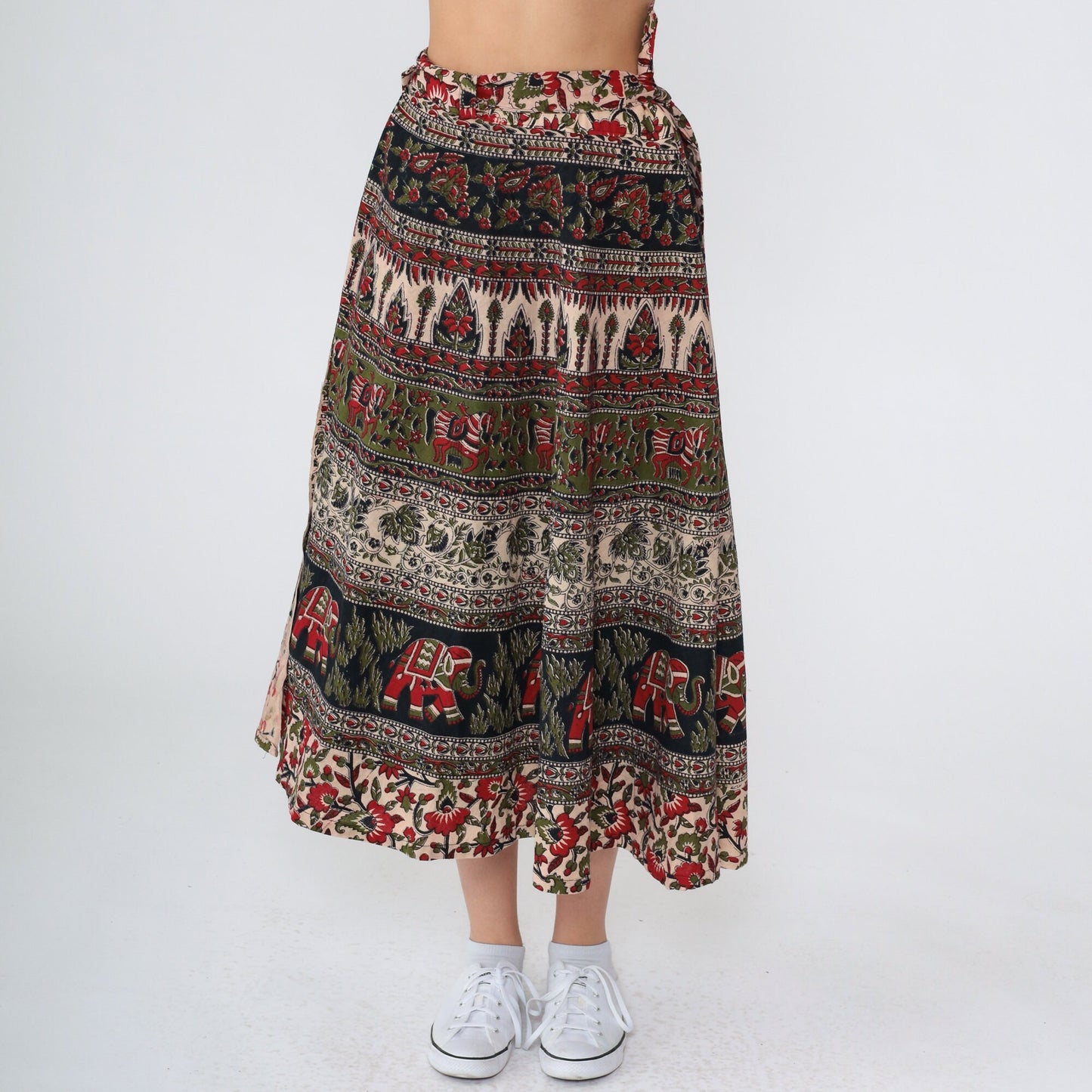 90s Indian Batik Wrap Midi Skirt Floral Elephant Horse Print
