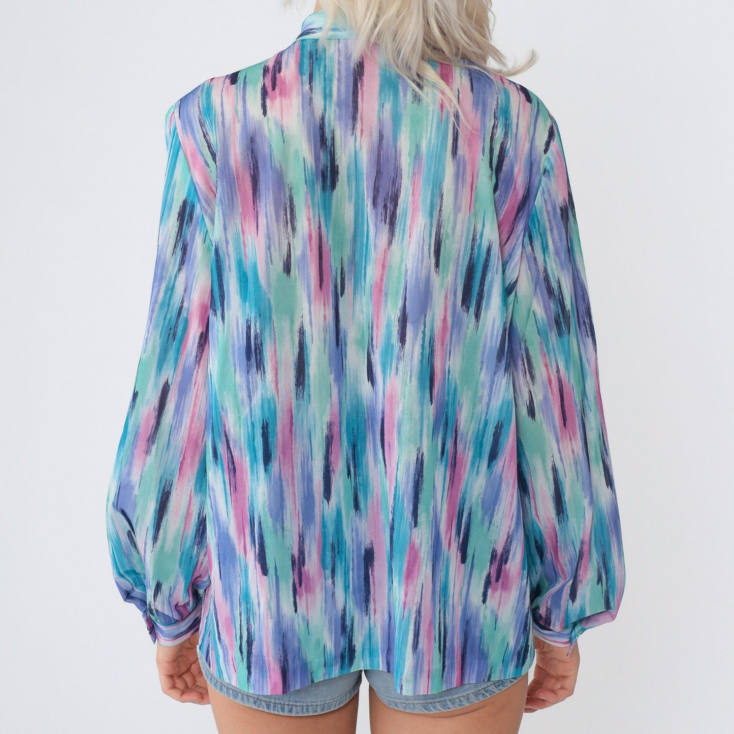70s Ascot Blouse Brushstroke Print Neck Tie Long Sleeve Blue Purple Pink Large