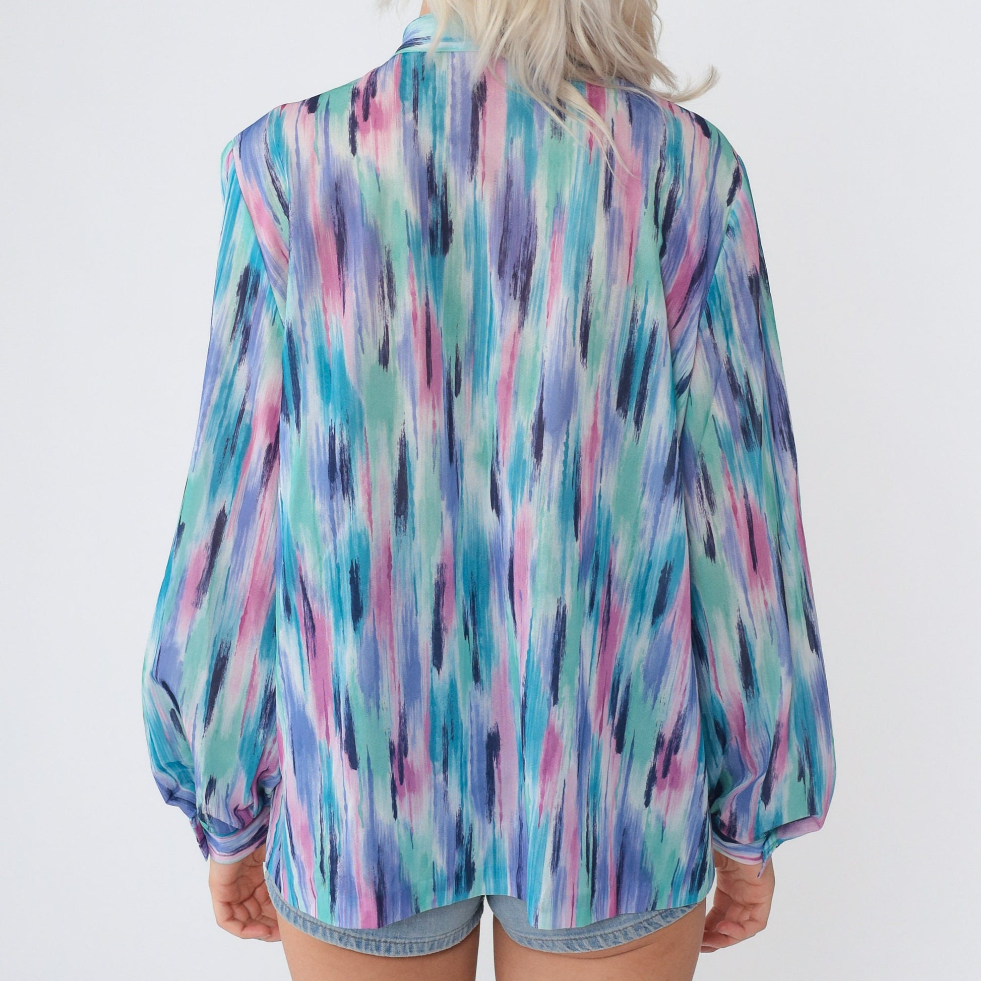 70s Ascot Blouse Brushstroke Print Neck Tie Long Sleeve Blue Purple Pink Large
