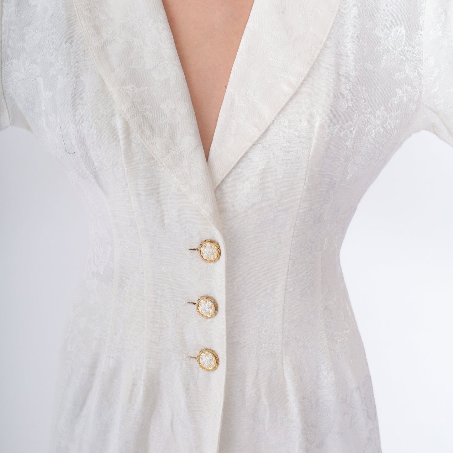 90s Blondie & Me White Floral Embossed Mini Dress Button-Up Long Sleeve Small