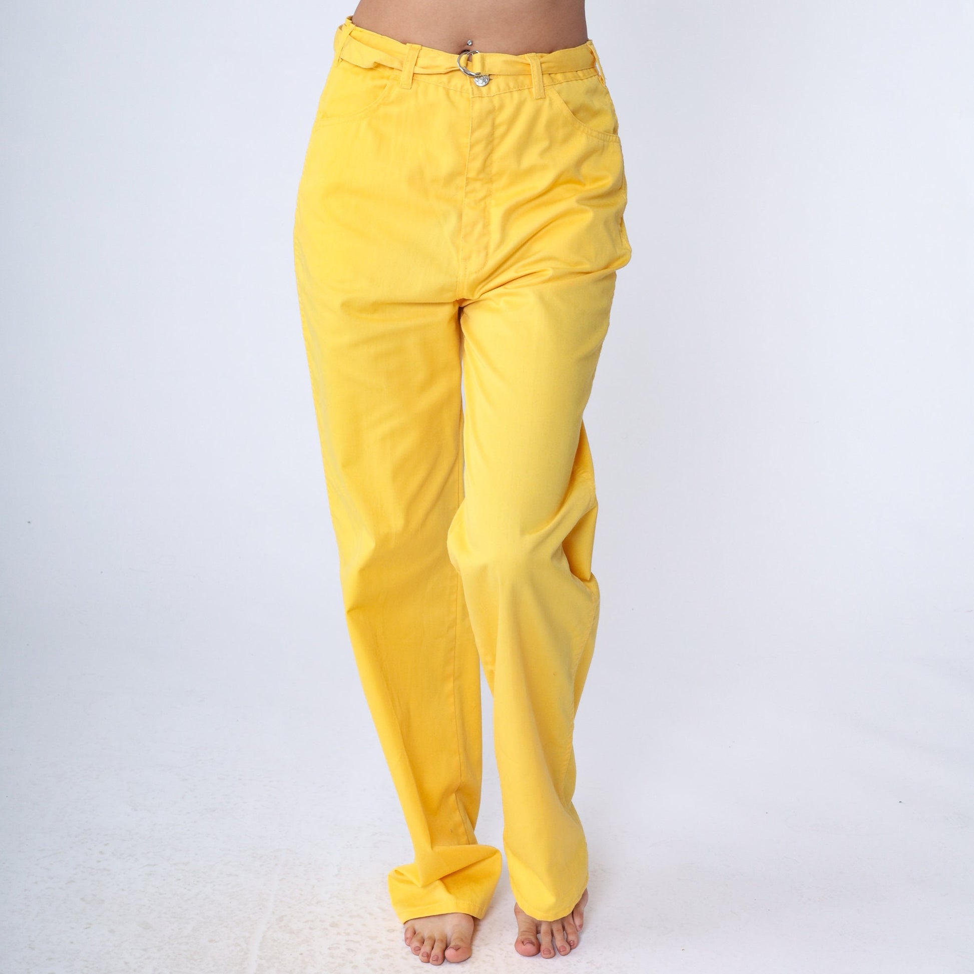80s Yellow High-Waisted Straight Leg Pants Cotton Blend Medium