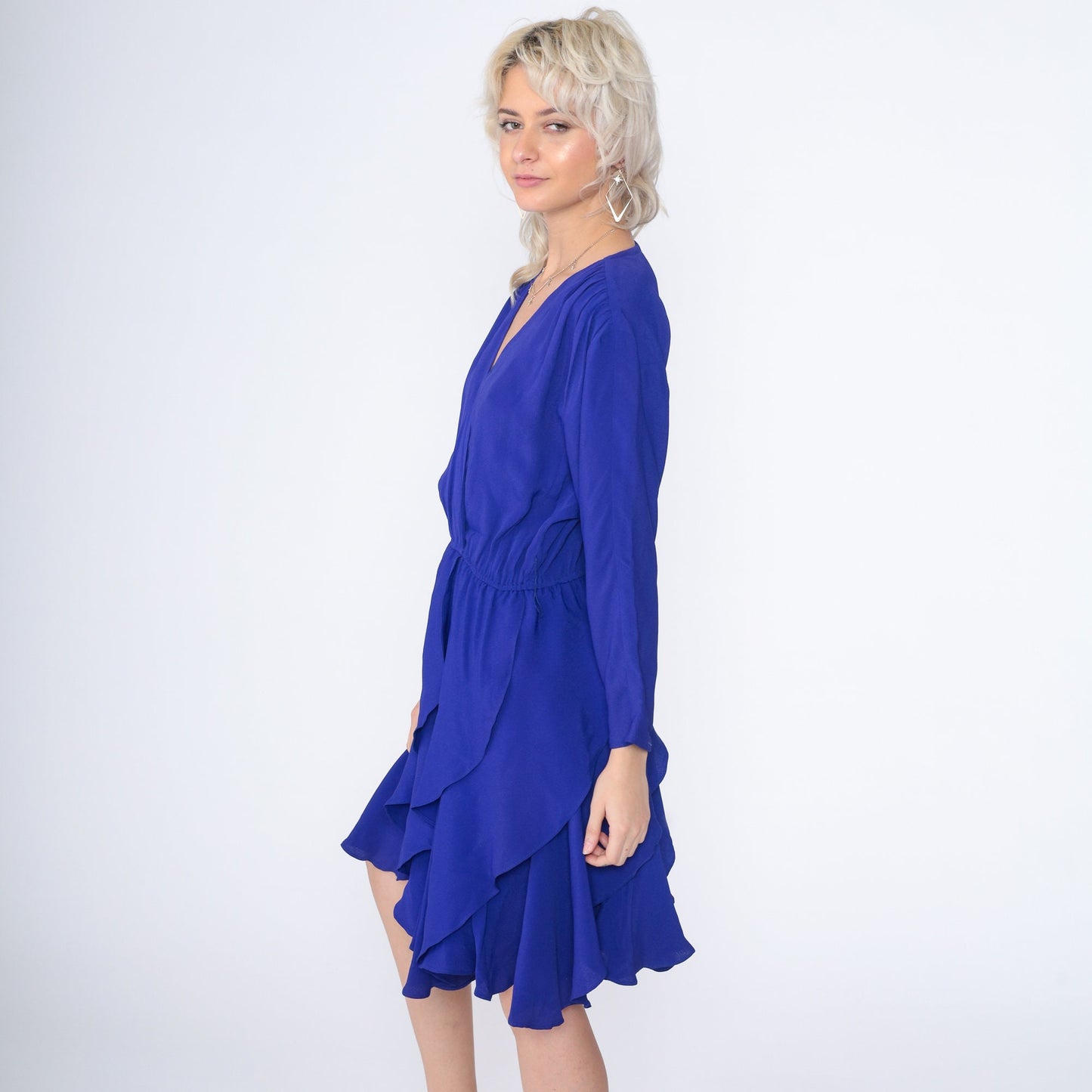 90s Blue Mini Dress Faux Wrap High Waisted Long Sleeve V Neck Small S