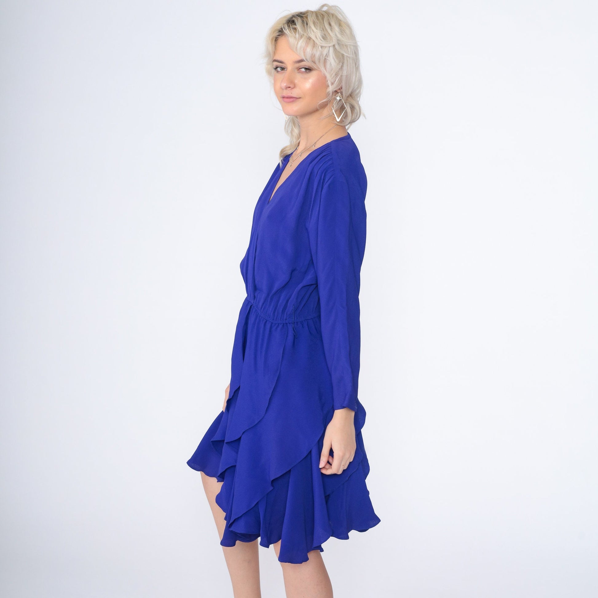 90s Blue Mini Dress Faux Wrap High Waisted Long Sleeve V Neck Small S