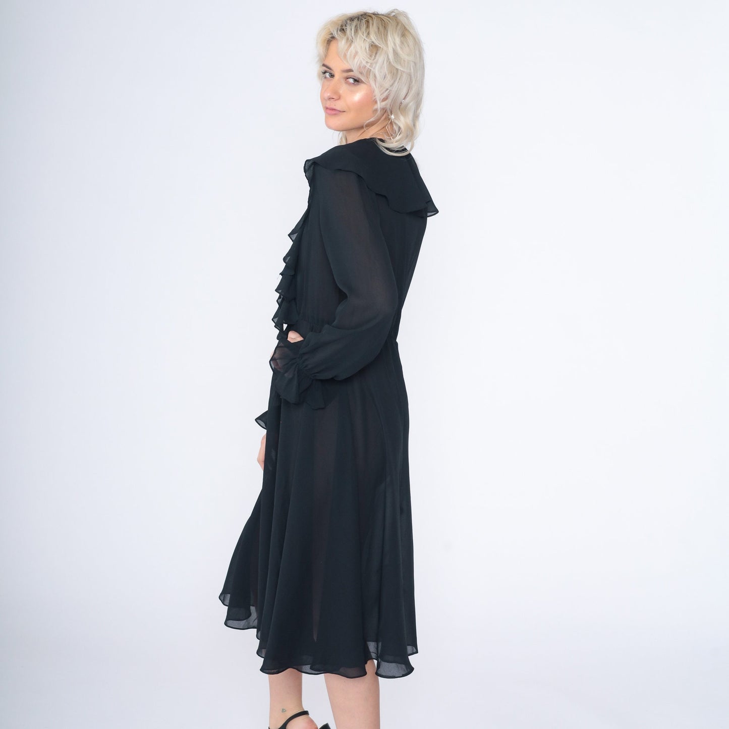 90s Black Midi Dress Ruffled High Waist Long Sleeve Semi-Sheer Small