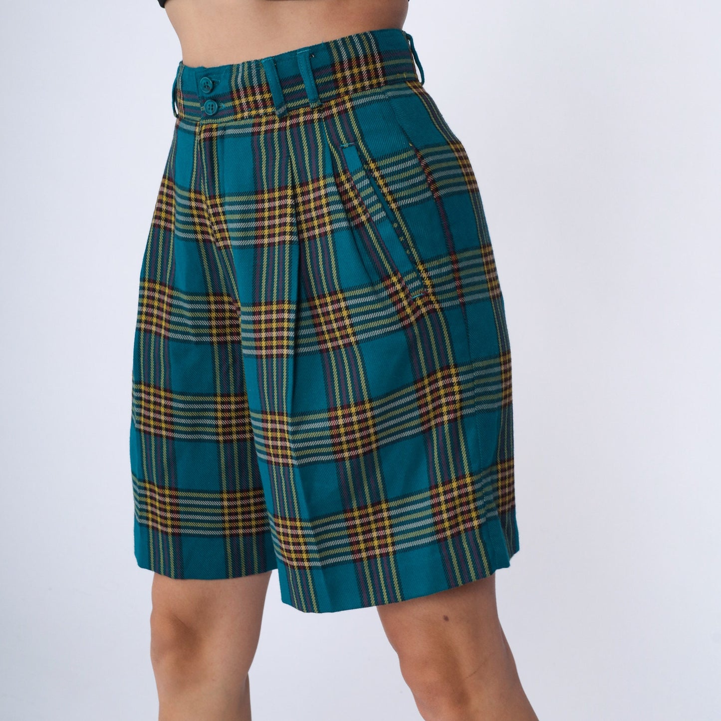 90s Blue Plaid High Waist Pleated Shorts Knee Length Small