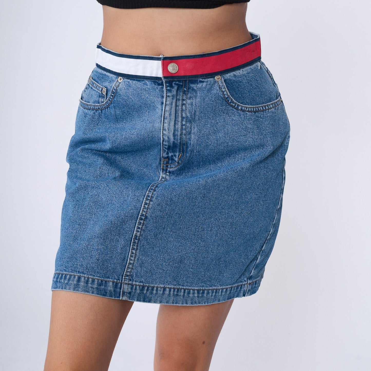 Tommy Hilfiger Y2K Denim Mini Skirt Blue High-Waisted Pencil Cut Medium 8