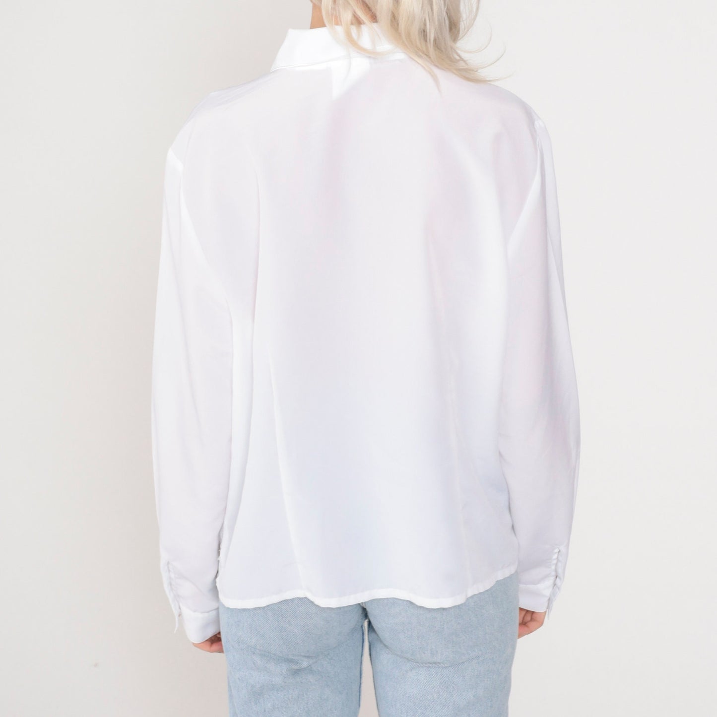 90s White Floral Embroidered Cutwork Blouse Long Sleeve Button Up Large L