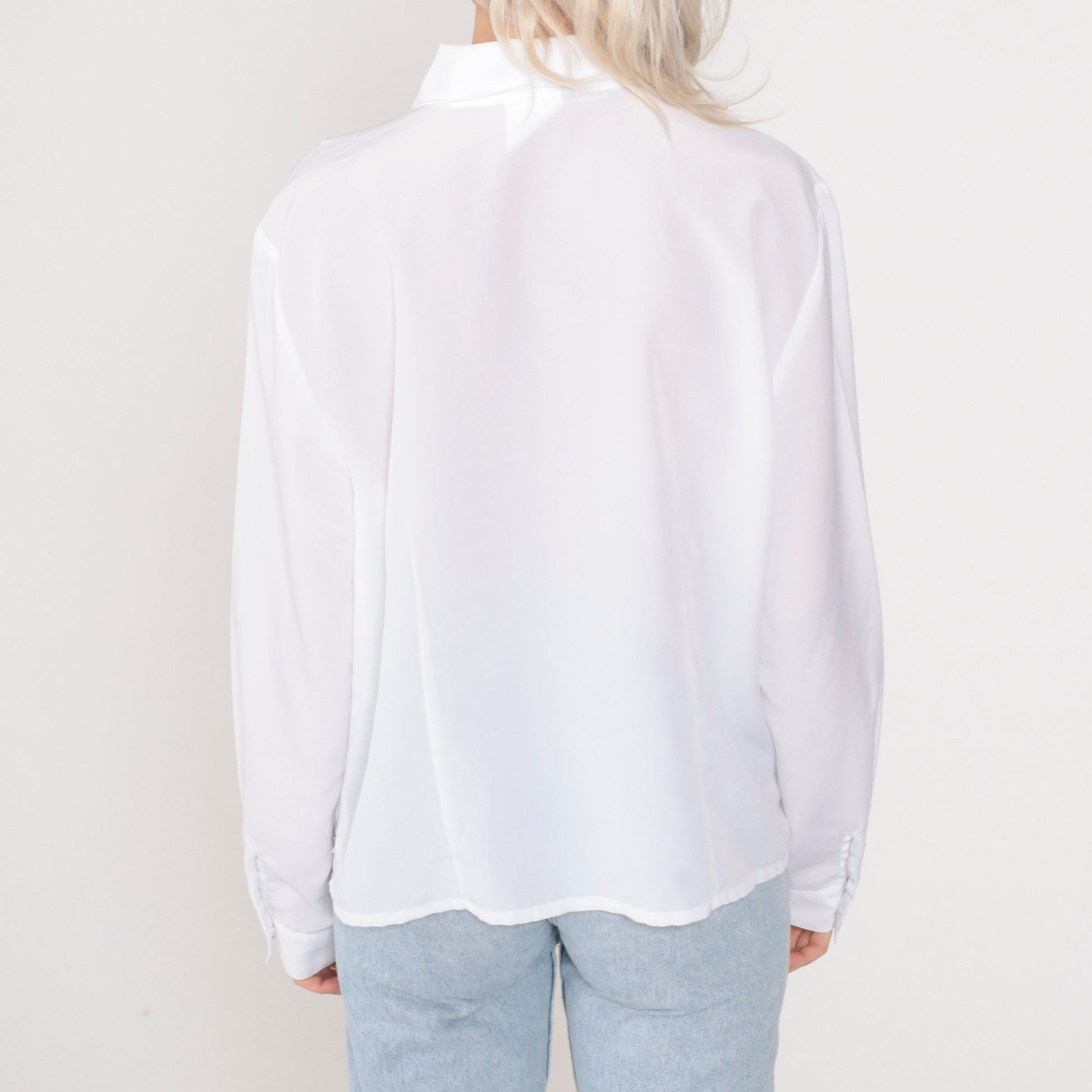 90s White Floral Embroidered Cutwork Blouse Long Sleeve Button Up Large L