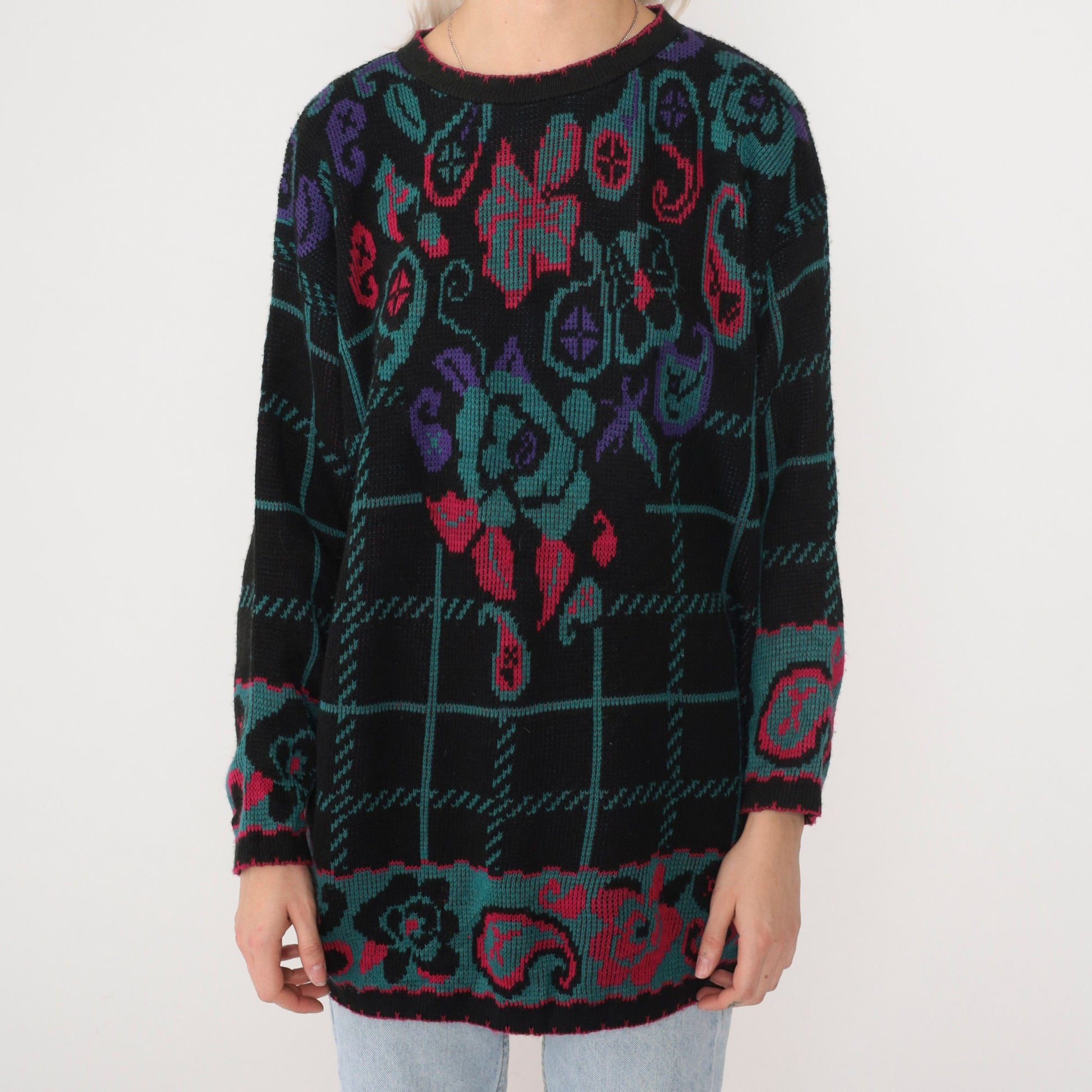 90s Checkered Floral Knit Sweater Black Pullover Paisley Rose Hibiscus Large L