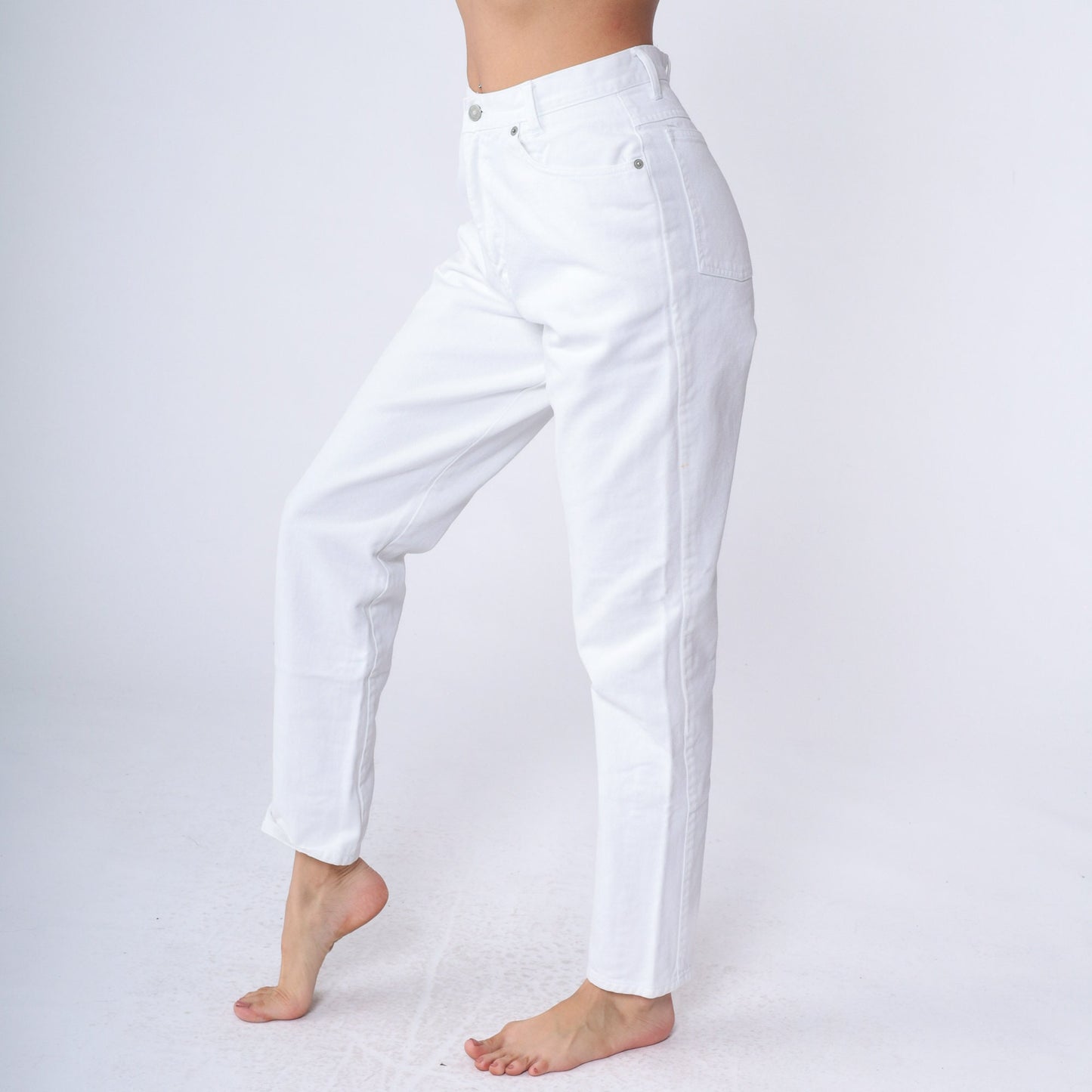 90s White Tapered Mom Jeans High Rise Cotton Denim Small
