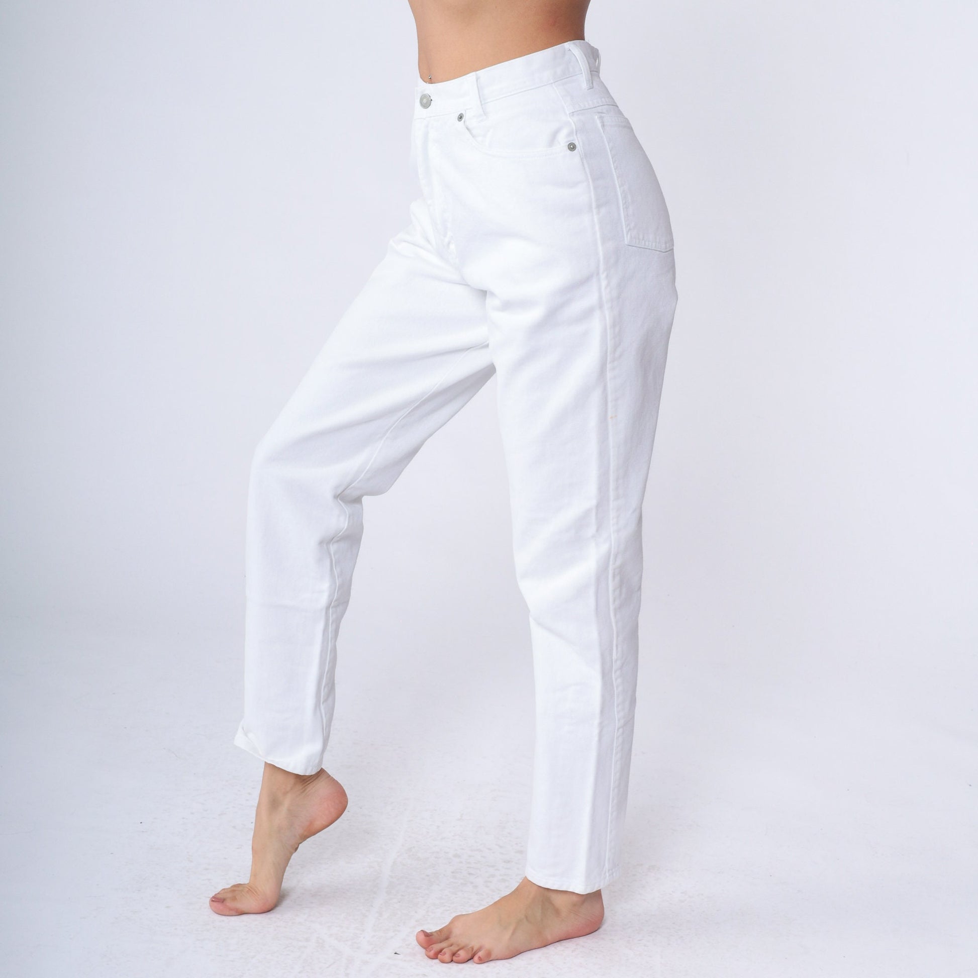 90s White Tapered Mom Jeans High Rise Cotton Denim Small
