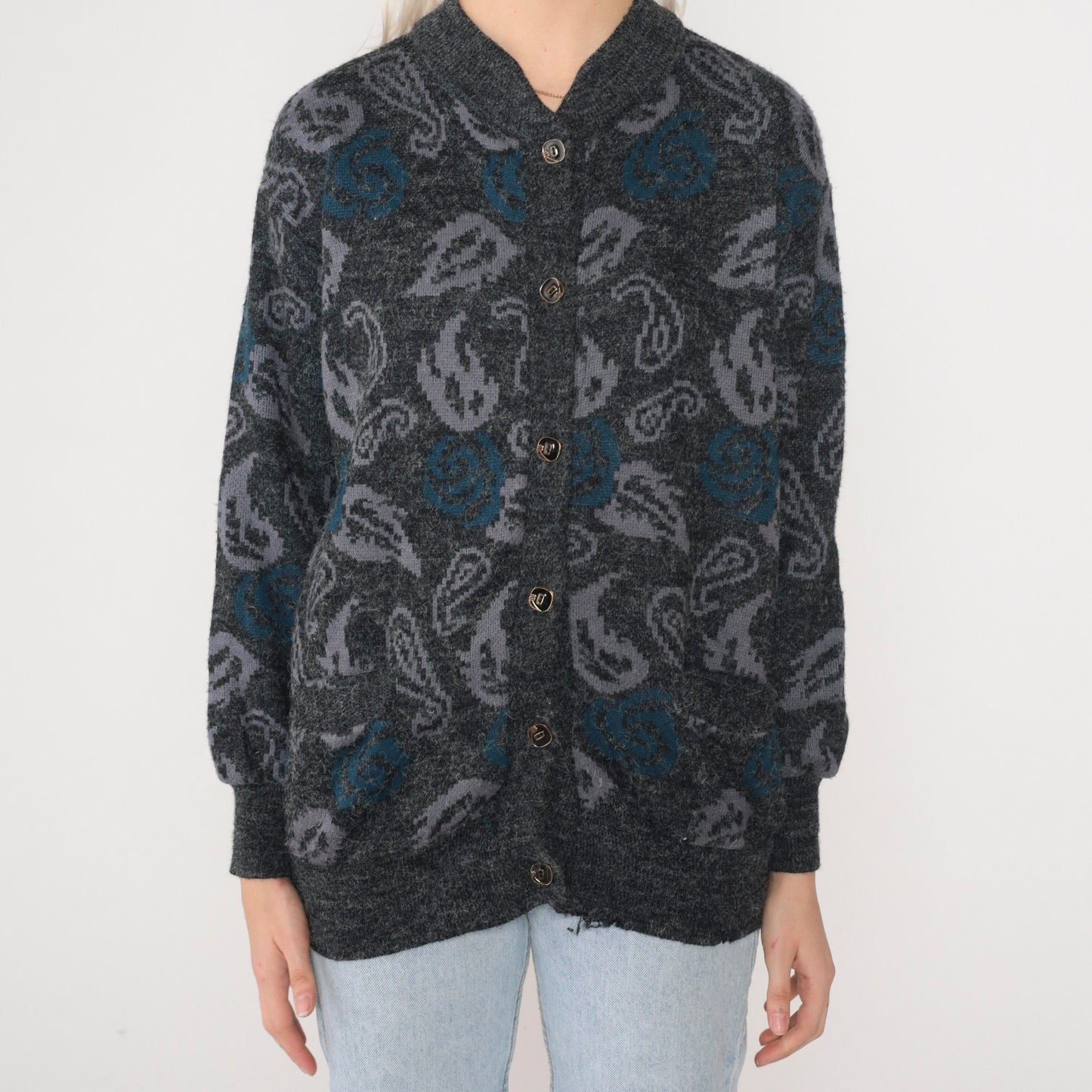 90s Grey Paisley Floral Cardigan Knit Button-Up Sweater Small