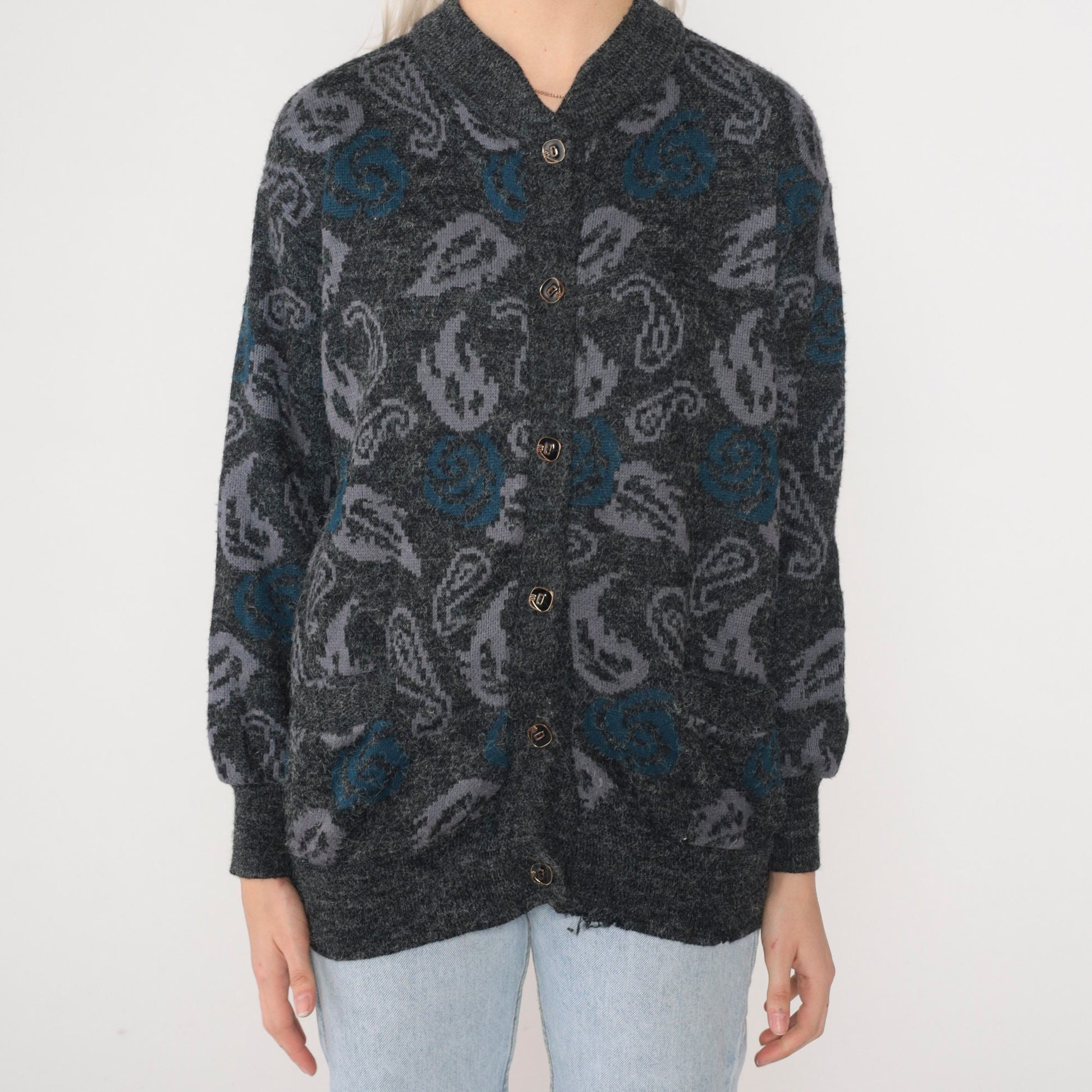 90s Grey Paisley Floral Cardigan Knit Button-Up Sweater Small