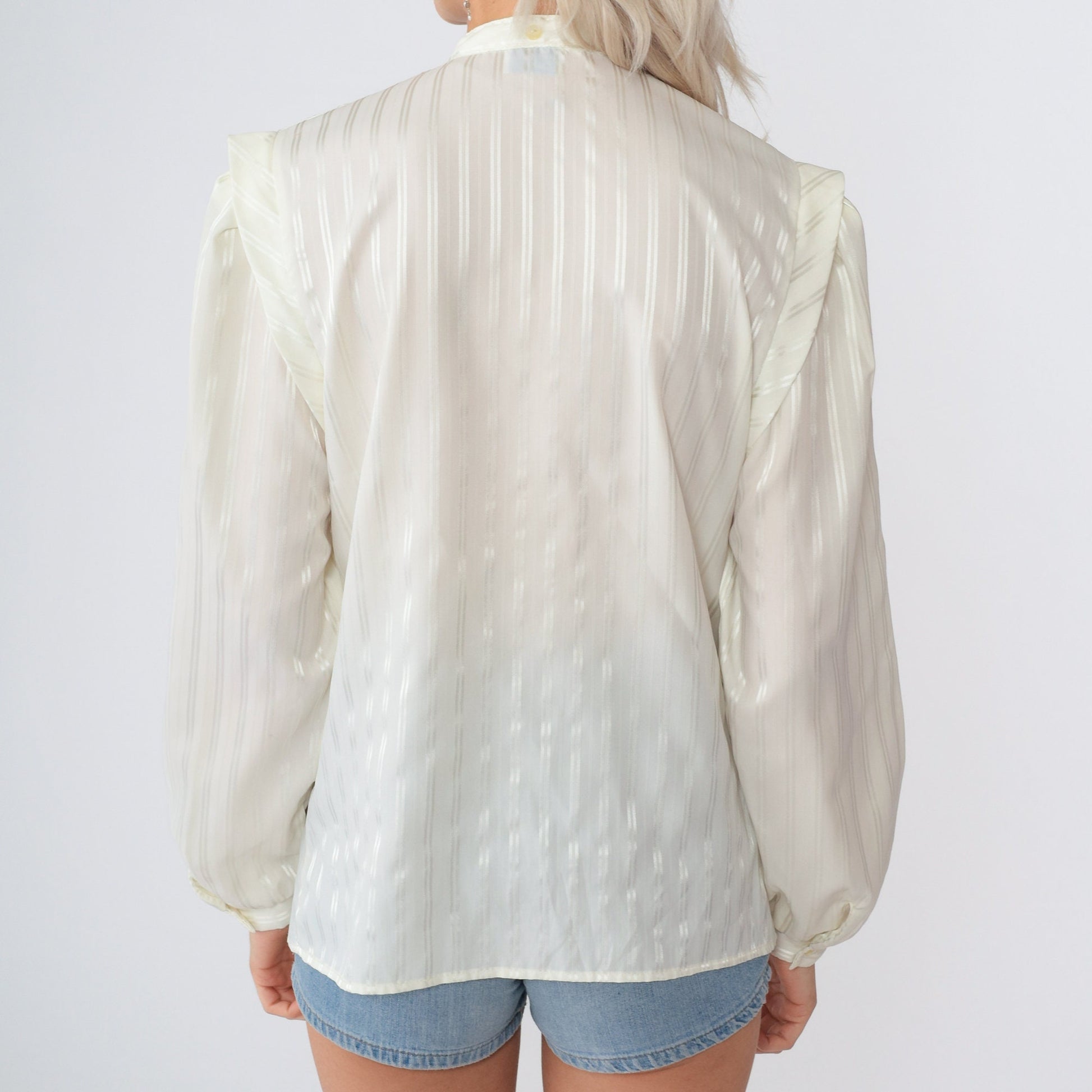 80s Levi's Bend Over Cream Blouse Puff Sleeve Hidden Button Striped Large