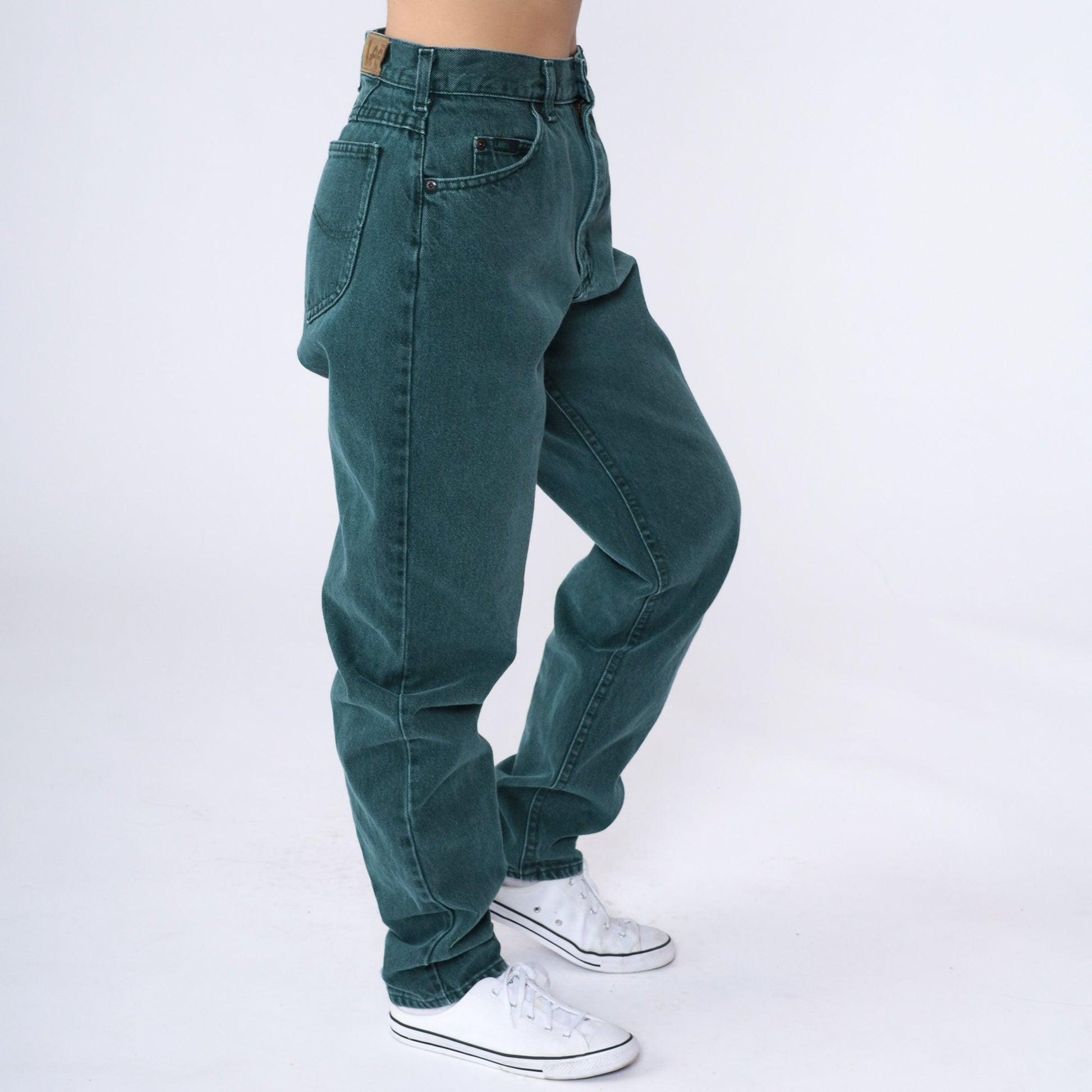 90s Lee Dark Green Tapered High-Waist Jeans Cotton Denim Small
